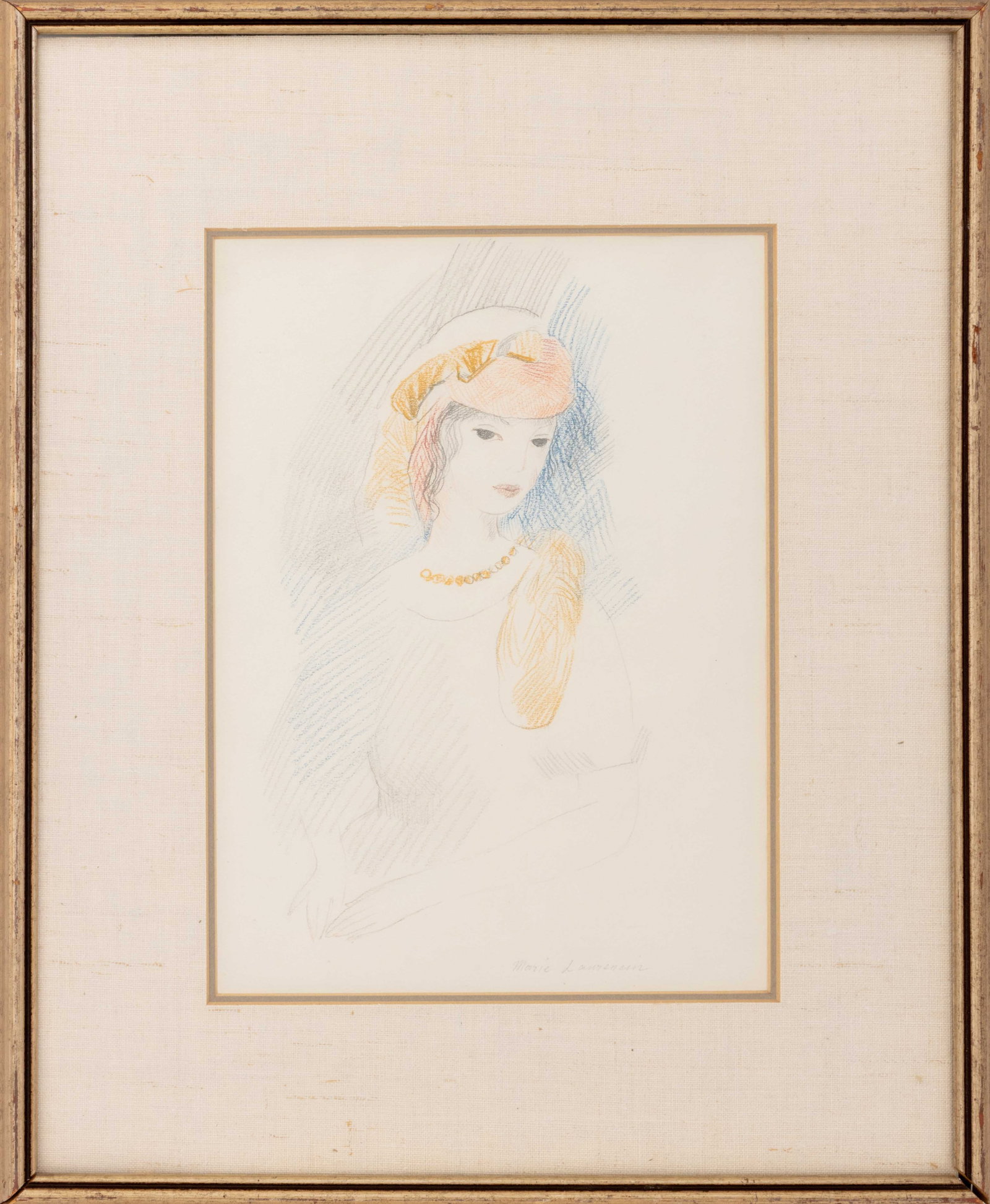 Marie Laurencin "Buste de Femme" Colored Pencil: Marie Laurencin (French, 1883-1986), "Buste de Femme" [Bust of a Woman], Colored Pencil on Fabriano Paper, signed in pencil lower right, paper blindstamp lower right, Christie's label and inscribed "L
