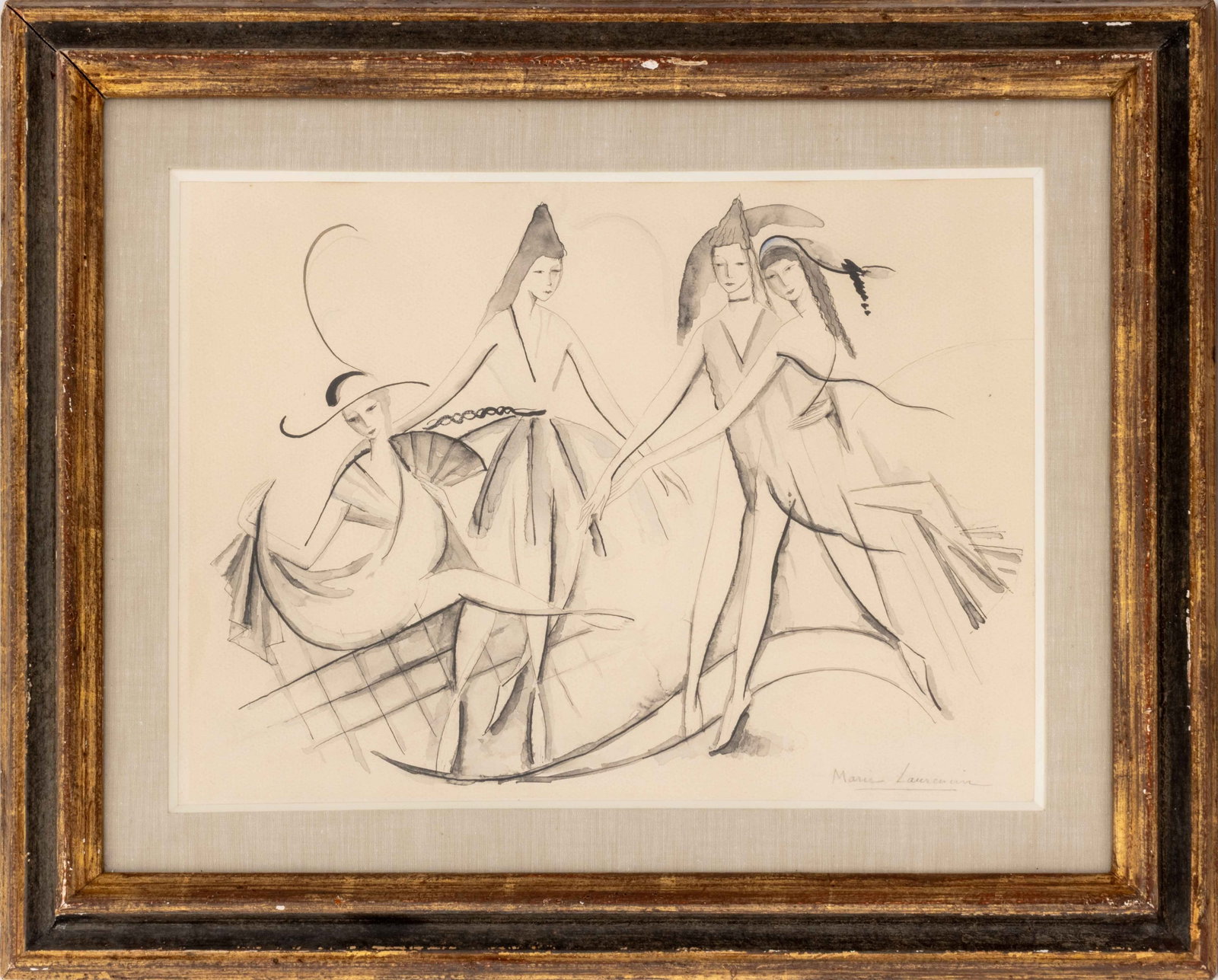 Marie Laurencin "Danseuses", 1913: Marie Laurencin (French, 1883-1986), "Danseuses", Ink and Watercolor on Wove Paper, 1913, signed in pencil lower right, Maitre Blache label verso, giltwood frame. Image: 10.75" H x 14.75" W; frame: 17