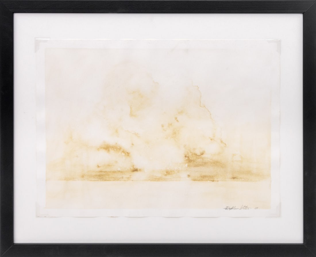 Richard Hambleton Landscape Mixed Media, 2007: Richard Hambleton (Canadian, 1952-2017), Untitled (Landscape Scene), Mixed Media with Blood on Paper, 2007, signed in pencil and dated lower right, black frame. Image: 14.5" H x 20.25" W; sheet: 16" H