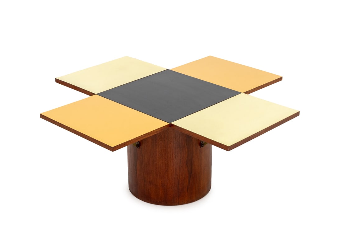 Vladimir Kagan Model #458 "Tic Tac Toe" Table: Vladimir Kagan (American, born Germany, 1927-2016) Model Number 458 "Tic Tac Toe" Side Table, circa 1967, walnut and laminate. 18.25" H x 20" W x 20" D; fully extended: 42" W x 42" D. Provenance: From