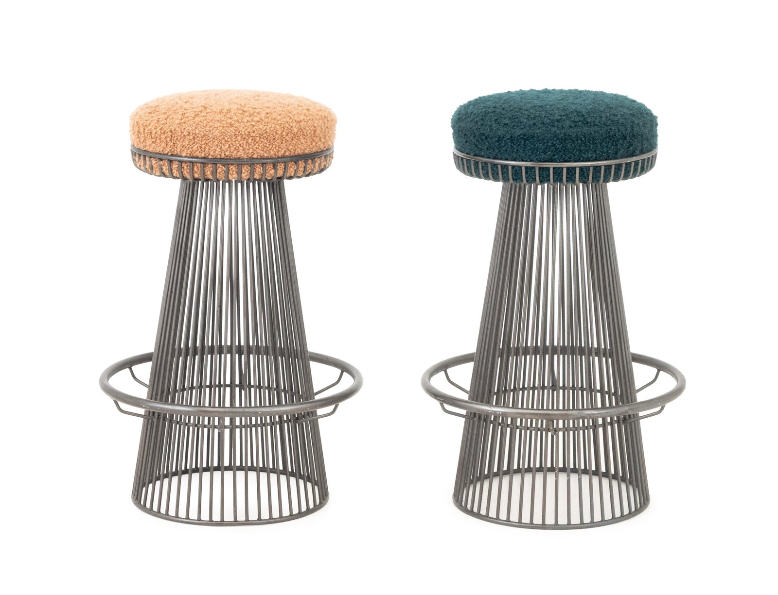 Arthur Umanoff x Contemporary Shells Stools, Pair: Arthur Umanoff (American, 1923-1985) for Contemporary Shells Pair of Bar Stools, boucle upholstered seats on wire pedestal frames. 30" H x 17" Diameter. Provenance: From a One Central Park West Estate