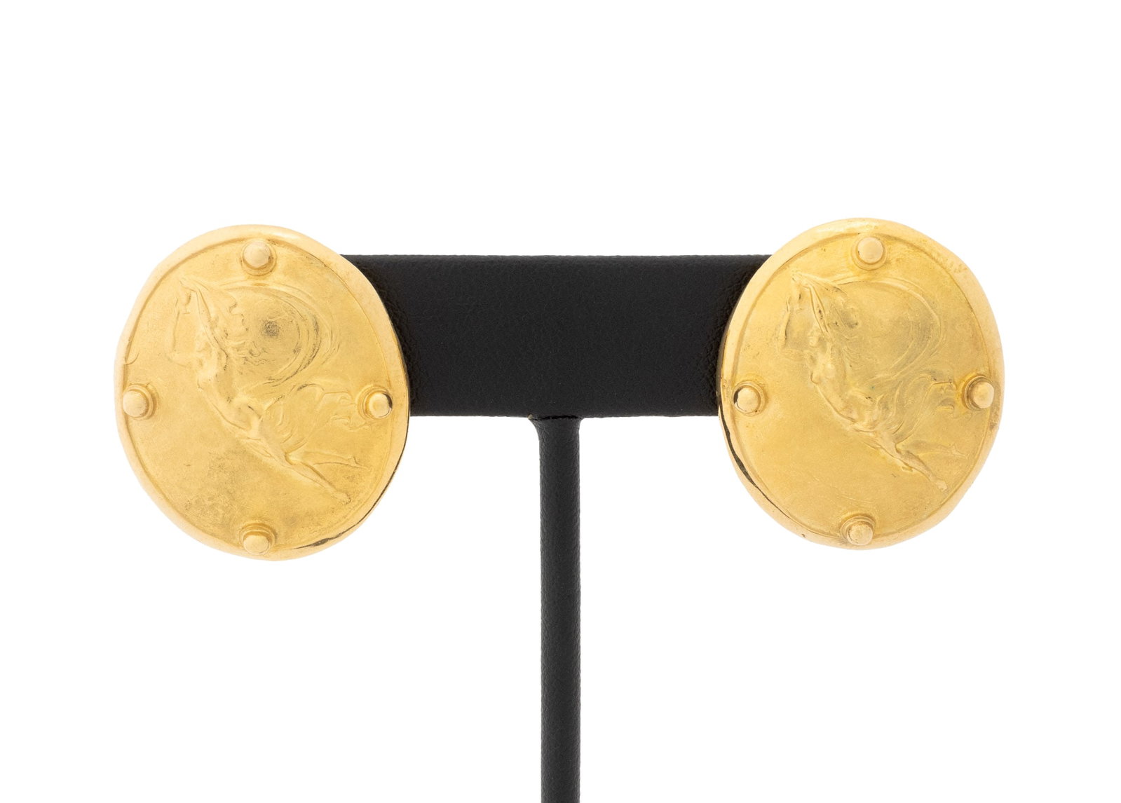 Seidengang Yellow Gold Athena Clip Earrings: Pair of Seidengang 18K Yellow Gold Athena Motif Earclips, featuring bas relief figure of the goddess Athena holding a libation offering above her head, worn as clip-ons to earlobes with omega backs an