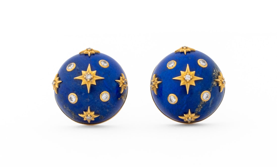 18K Yellow Gold, Diamond, & Lapis Lazuli Earclips: Pair of 18K Yellow Gold, Diamond, and Lapis Lazuli Clip-On Earrings, designed as Lapis cabochons adorned with 18 prong and bezel set round brilliant cut diamonds weighing a total of approx. 0.60 carat