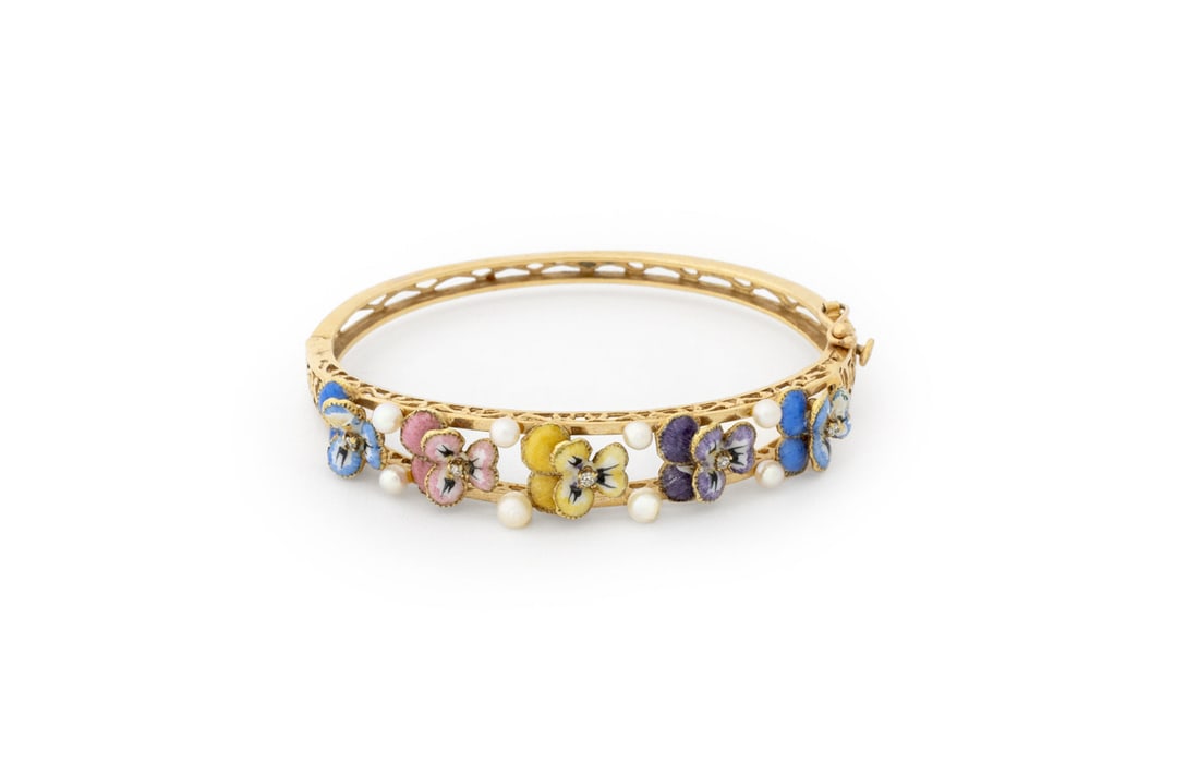 Pansy Yellow Gold, Diamond, Enamel, & Pearl Bangle: Pansy Motif 14K Yellow Gold, Diamond, Enamel, and Pearl Bangle, featuring five enameled floral motifs, each pansy flower adorned with one prong set single cut diamond, five diamonds weighing a total o