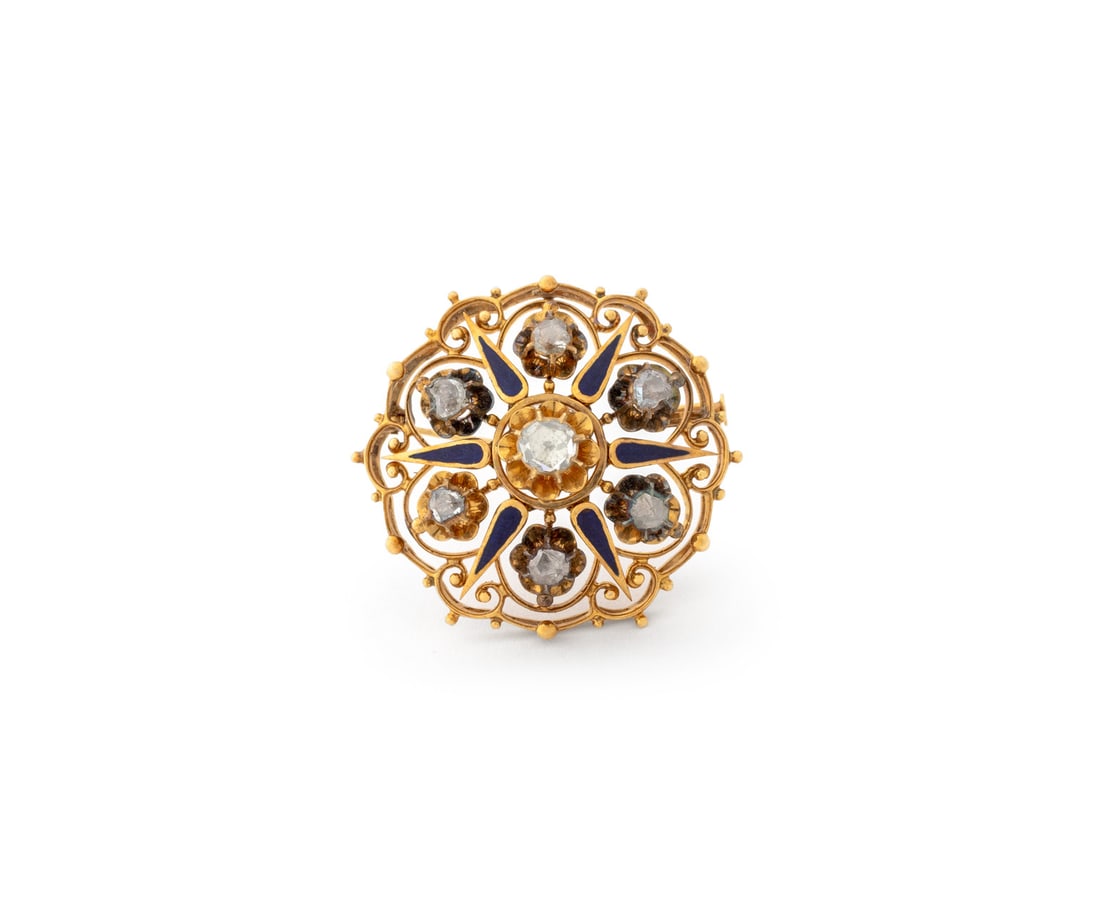 Victorian Yellow Gold, Diamond, & Enamel Brooch: Victorian 18K Yellow Gold, Diamond, and Enamel Brooch Pendant, featuring seven prong set rose cut and table cut diamonds weighing a total of approx. 0.50 carat, further decorated with six cobalt blue 
