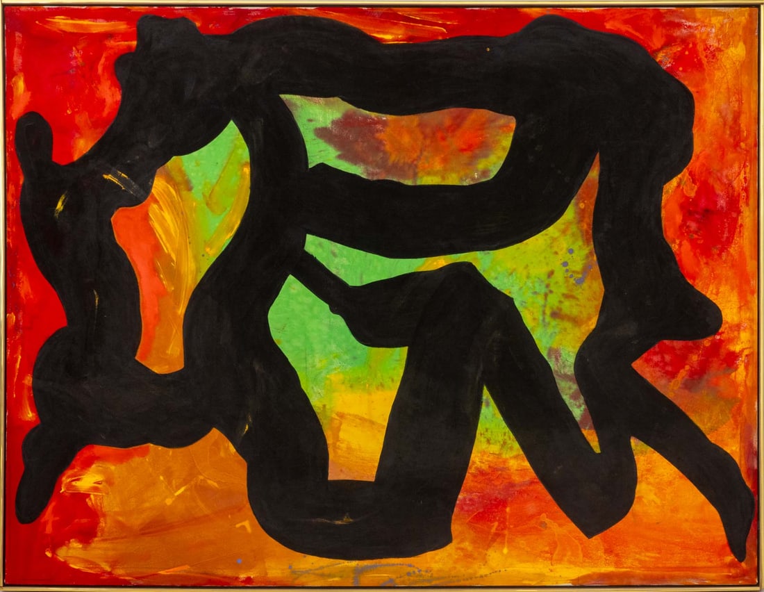 Jack Roth "Rope Dancer 7" Acrylic on Canvas, 1980: Jack Roth (American, 1927-2004), "Rope Dancer 7", Acrylic on Canvas, 1980, signed, titled, dated, and with artist's estate stamp, verso, gold-tone frame. Image: 69" H x 90" W; frame: 70.5" H x 91.25" 