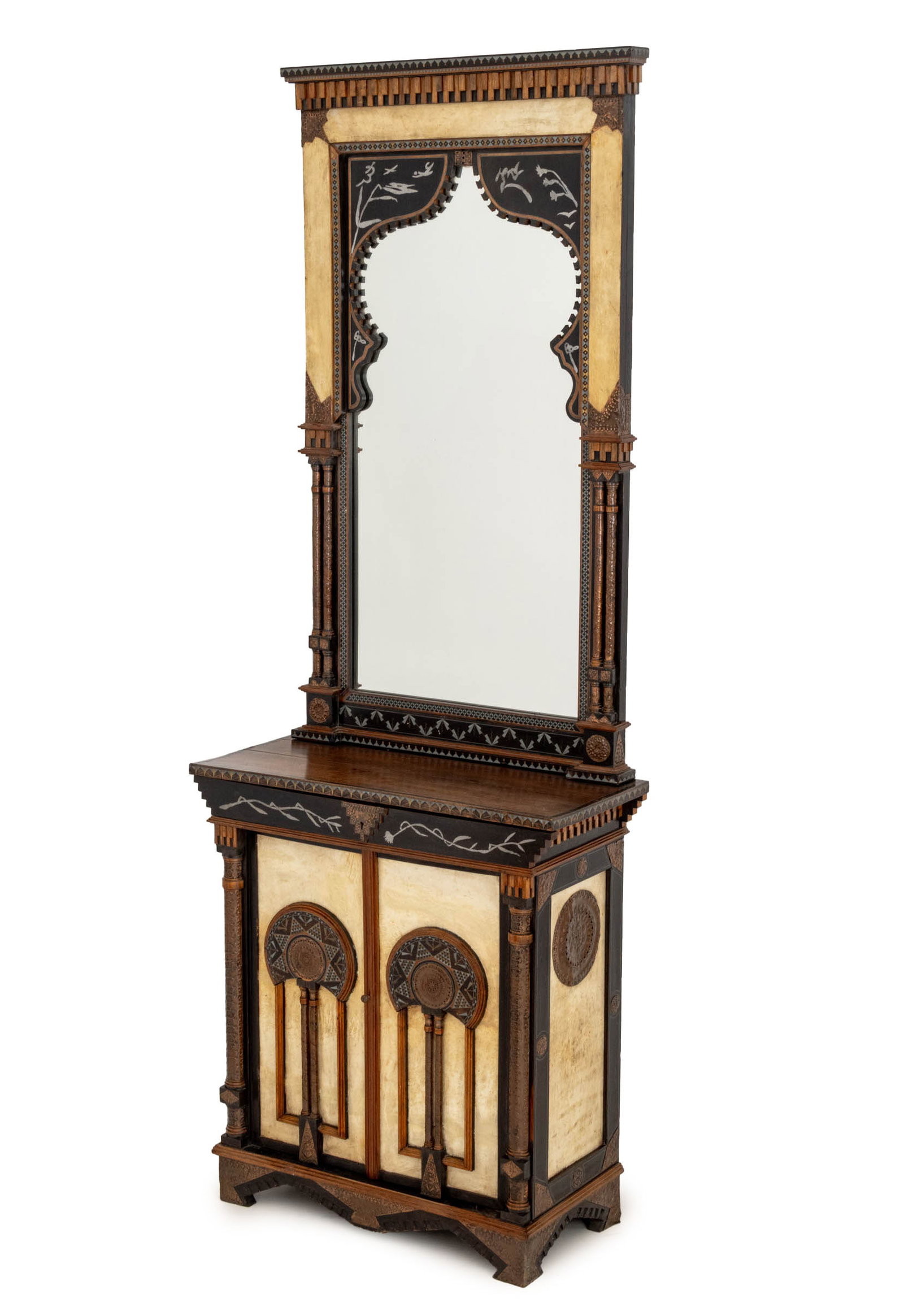 Carlo Bugatti Cabinet and Mirror: Carlo Bugatti (Italian, 1855-1940) Cabinet and Mirror, ebonized and lacquered walnut wood with copper and pewter inlay, parchment. Cabinet: 40" H x 36" W x 16" D; mirror: 59" H x 34" W x 3" D. Provena
