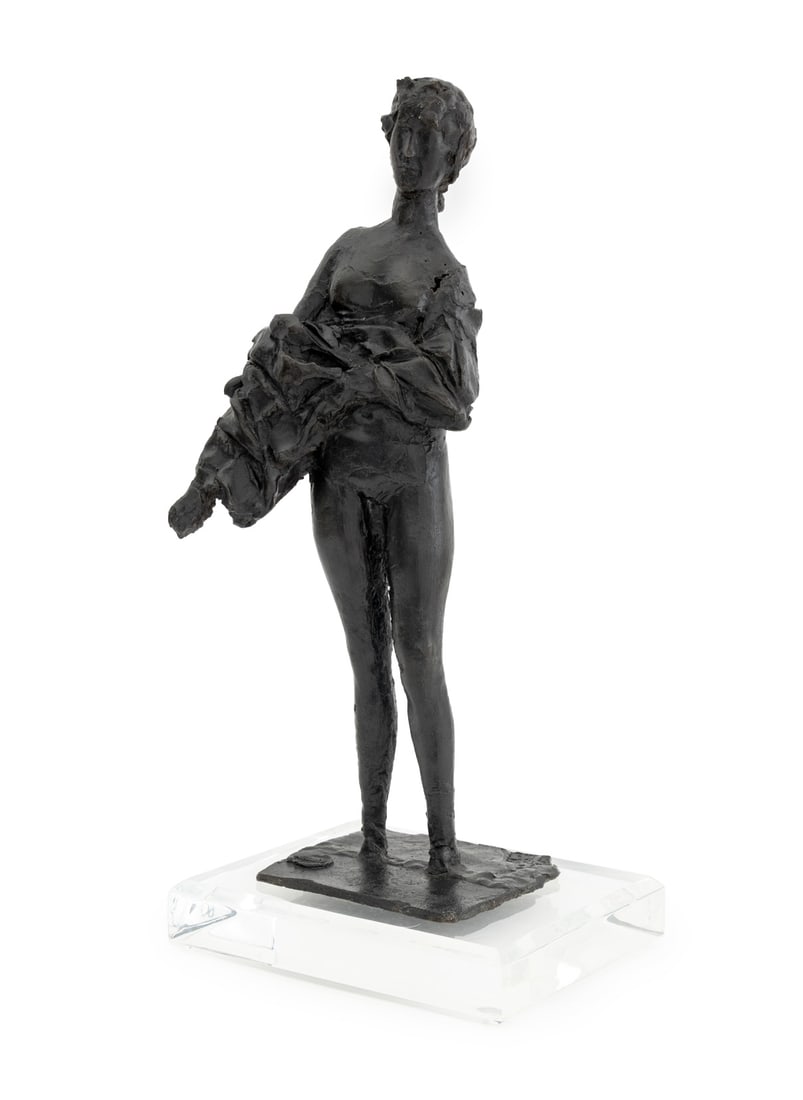 Giacomo Manzu "Ballerina" Patinated Bronze, 1962: Giacomo Manzu (Italian, 1908-1991) "Ballerina" Patinated Bronze Sculpture, 1962, stamped "Manzu" with foundry mark "NFMM" to bronze base, mounted on clear acrylic base. Overall: 20.5" H x 10" W x 7.5"