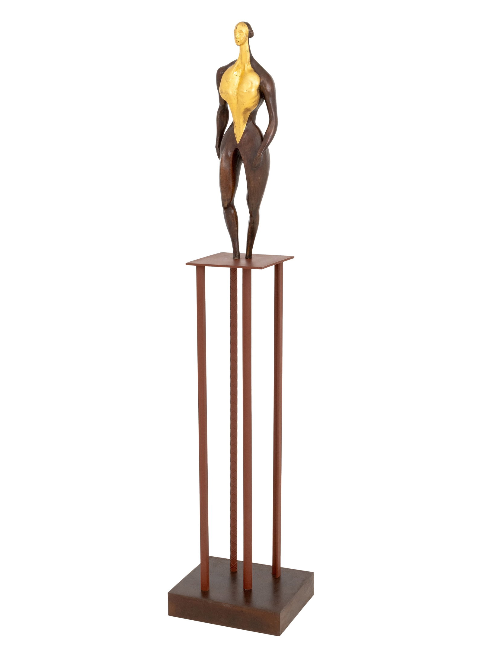 Doris Porter Caesar Attr. Gilt Bronze Sculpture: Doris Porter Caesar (American, 1892-1972) Attributed Standing Female Nude Gilt and Patinated Bronze Sculpture, numbered edition "1/10" to left leg, mounted on red patinated iron base. Overall: 65.5" H