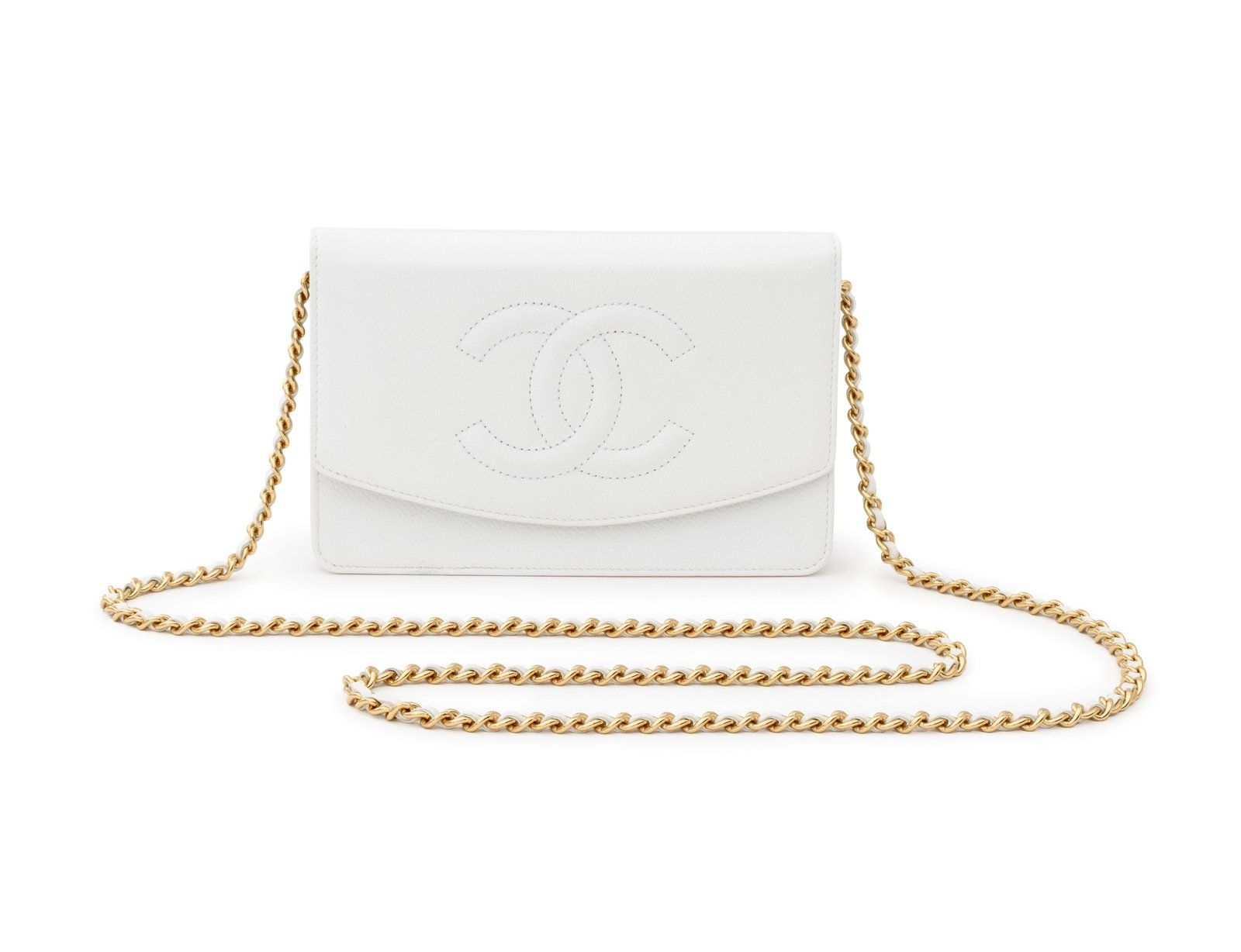 Chanel Caviar Timeless CC Wallet on Chain in White: Chanel Caviar Timeless CC Wallet on Chain in White Leather, the gold-tone and leather crossbody strap, fold-over top with embossed "CC" logo, opening to divided cream lined interior, with Carte