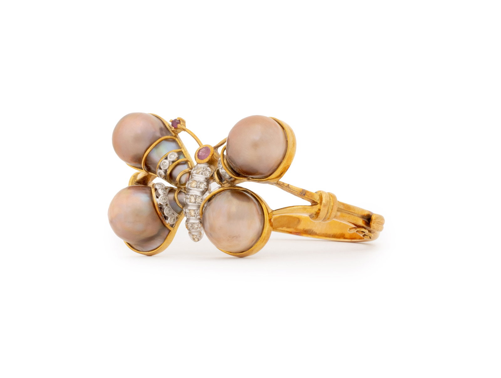 Rose Gold, Diamond, Ruby, & Pearl Butterfly Bangle: 18K Rose Gold, White Gold, Diamond, Ruby, and Pearl Bangle, designed as a butterfly, featuring thirty one white gold pave and bezel set round brilliant cut diamonds weighing a total of approx. 0.75