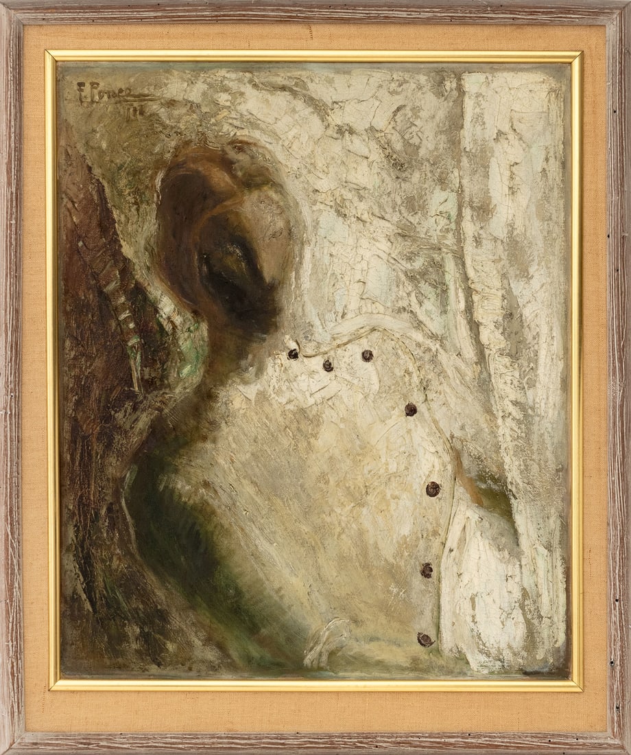 Fidelio Ponce De Leon "Alquimista" Oil on Canvas: Fidelio Ponce De Leon (Cuban, 1895-1949), "Alquimista" [Alchemist], Oil on Canvas, signed and illegibly dated upper left, titled "Alquimista" on back, carved wood frame. Image: 25" H x 20.5" W;