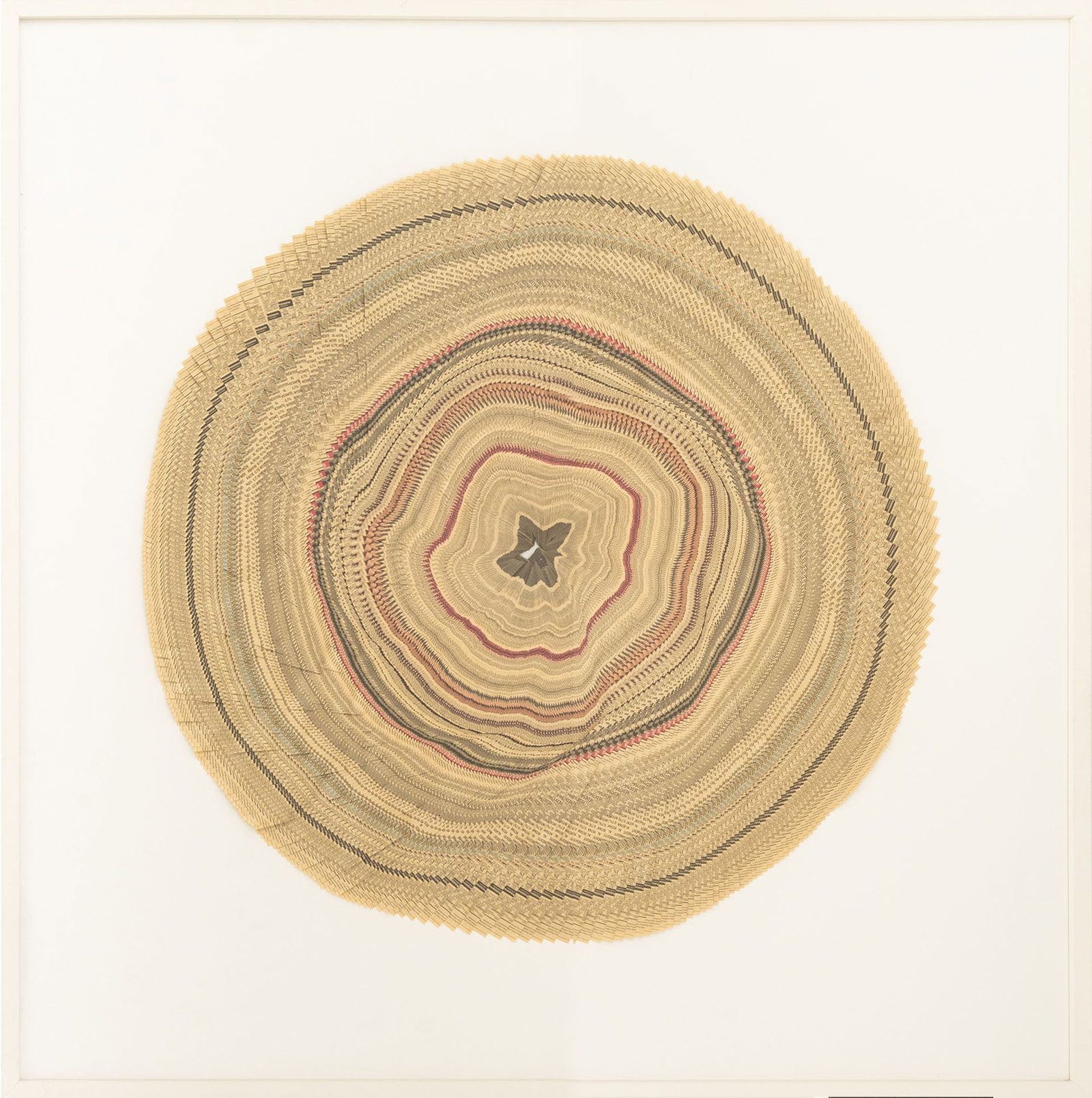 Miler Lagos "Tree Ring Dating" Newspaper Collage: Miler Lagos (Colombian, b. 1973), "Tree Ring Dating", Folded Newspaper Collage, white frame. Image: 44.5" H x 43.25" W; frame: 60.75" H x 60.75" W x 2" D. Provenance: From a Central Park West