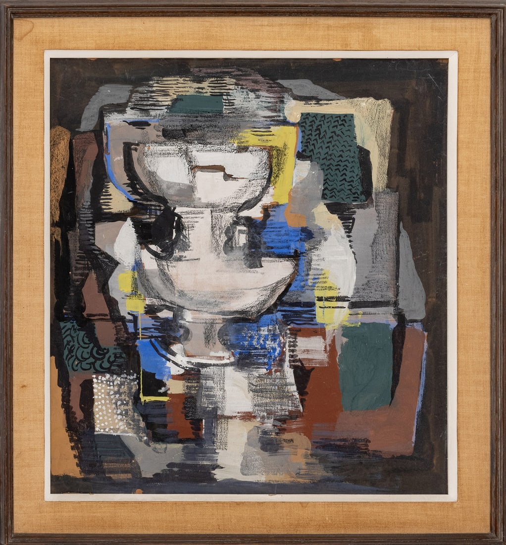 Ismael Gonzalez de la Serna Gouache & Crayon, 1928: Ismael Gonzalez de la Serna (Spanish, 1898-1968), Composition with Two Compotes, Gouache and Crayon on Brown Paper, 1928, signed and dated in pencil lower left, Doyle labels verso, wood frame. Image: