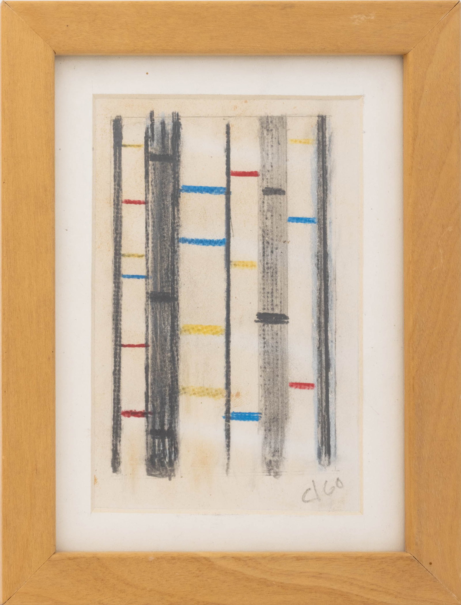 Burgoyne Diller Third Theme Mixed Media, 1960: Burgoyne A. Diller (American, 1906-1965), Untitled (Third Theme Series), Pencil and Crayon on Paper, 1960, initialed and dated "d 60" lower right corner, wood frame. Image: 5" H x 3.25" W; frame: 8"