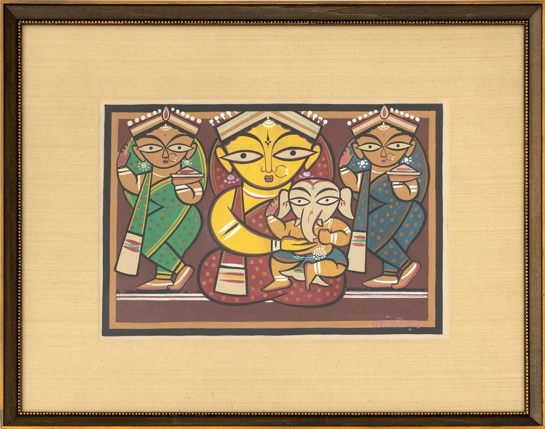 Jamini Roy Parvati and Ganesh Gouache on Board: Jamini Roy (Indian, 1887-1972), Untitled (Parvati and Ganesha), Gouache on Board, signed in Bengali lower right, parcel gilt frame. Image: 13" H x 18.5" W; frame: 22.5" H x 28.75" W x 1.75" D.