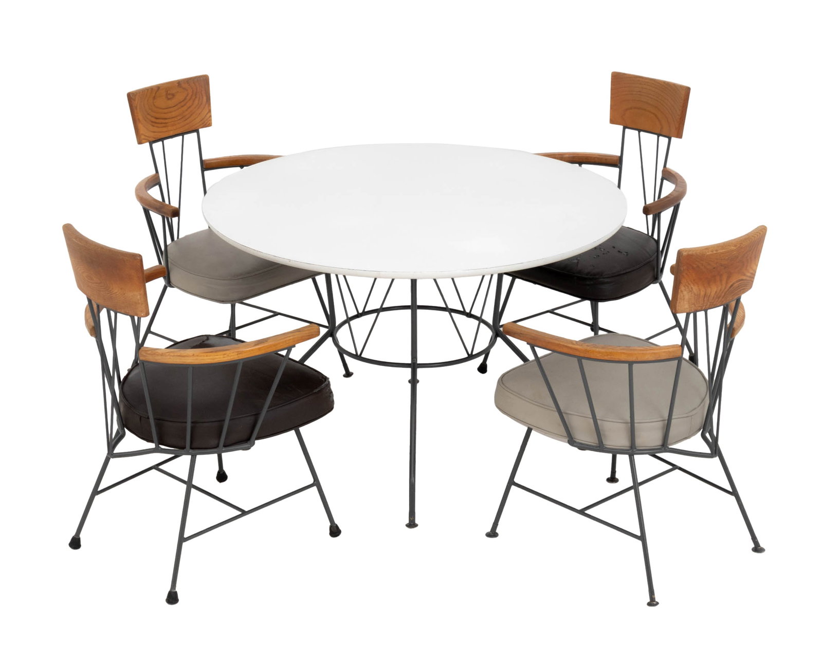 Richard McCarthy for Selrite Dining Set, 5 Pcs.: Richard McCarthy (American, 1926-2002) for Selrite Five-Piece Dining Room Set, comprising a circular white laminate top table on tubular steel frame and four chairs with oak backrests and arms, gray p