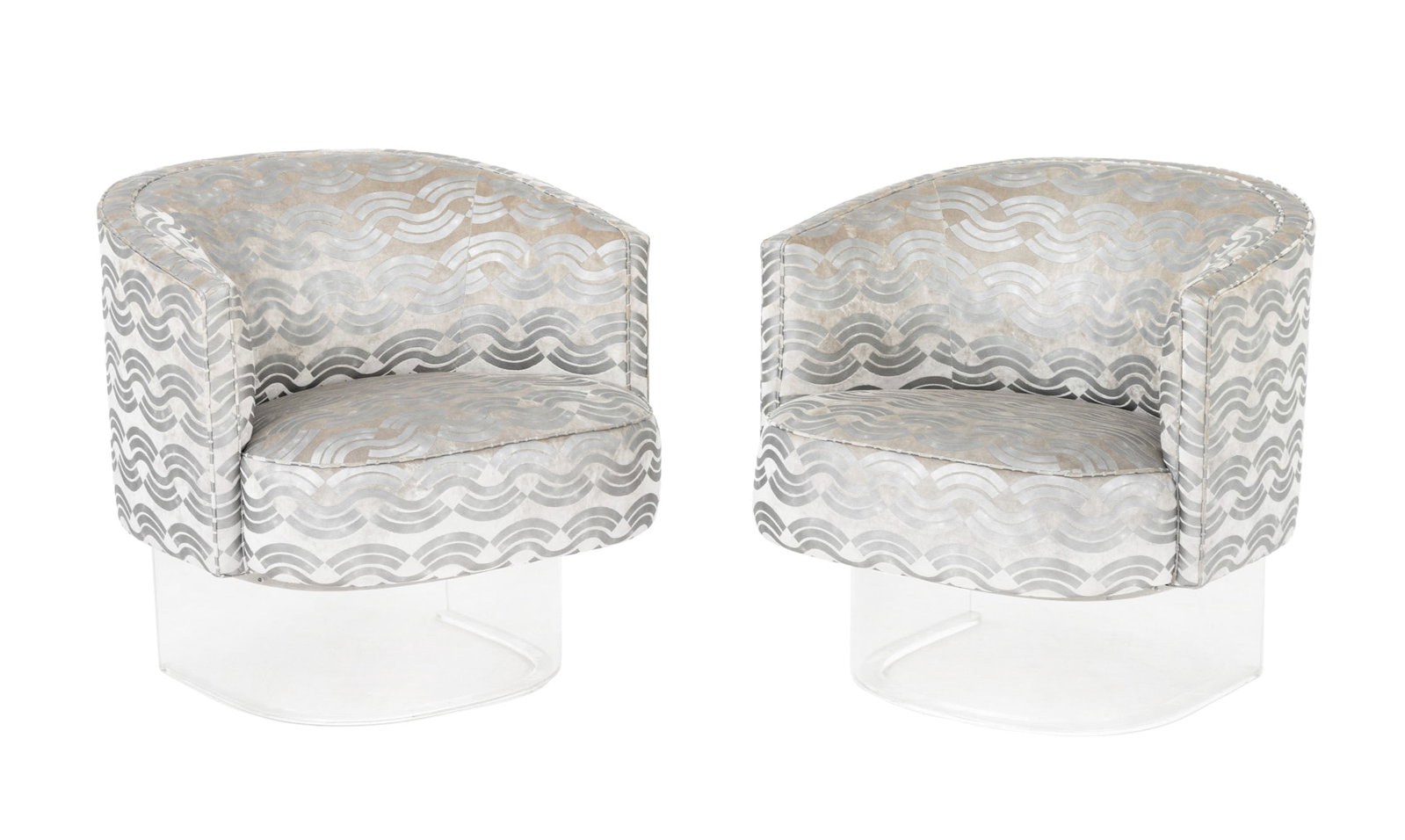 Modern Gray Velvet Swivel Tub Chairs, Pair: Pair of Modern Gray Velvet and Metallic Finish Upholstered Swivel Tub Chairs, on clear acrylic bases. 29.25" H x 29.25" W x 27" D; seat: 18" H. Provenance: From a Park Avenue Collection. Keywords: