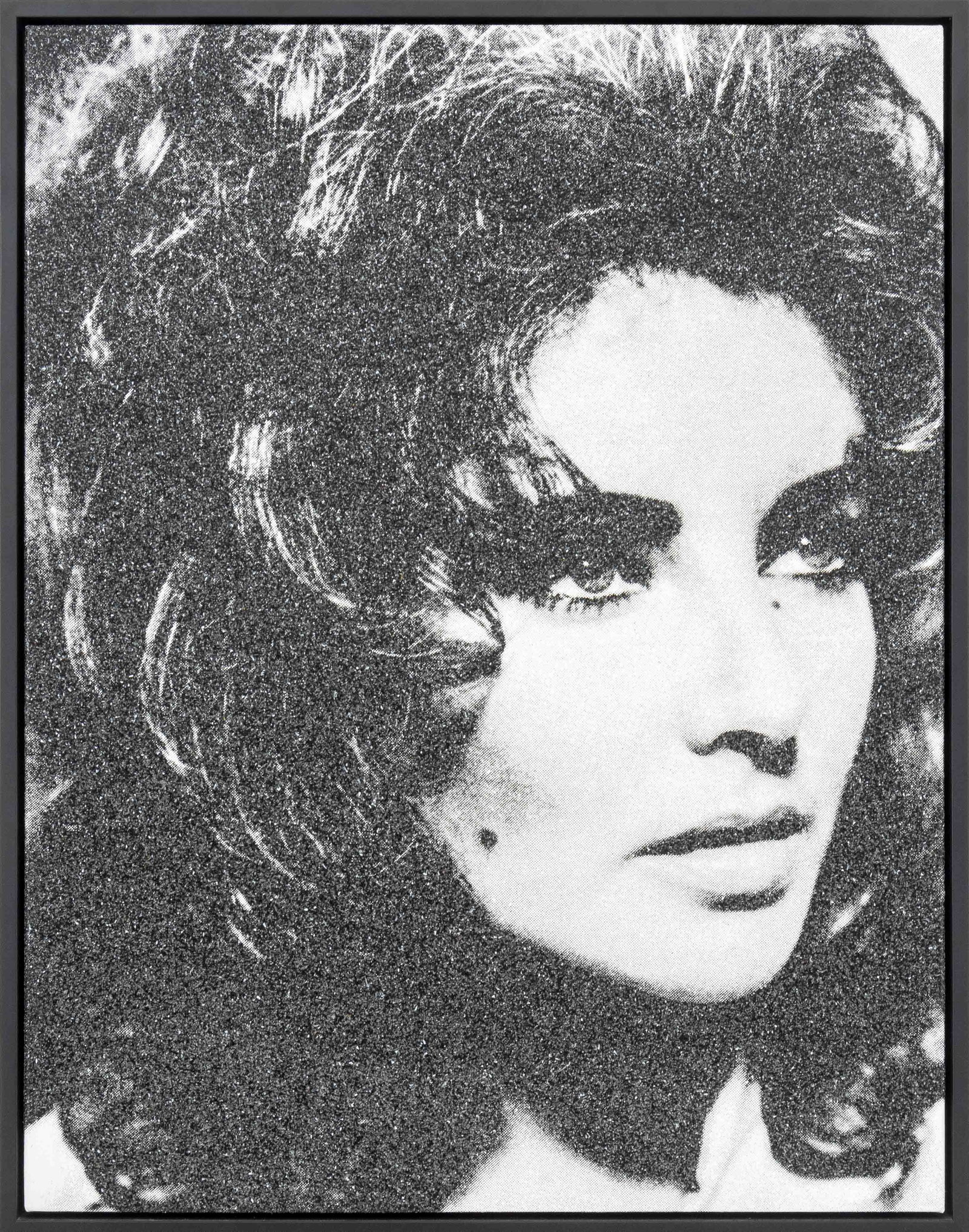 Russell Young "Elizabeth Taylor" Silkscreen, 2019: Russell Young (British/American, b. 1959), "Elizabeth Taylor", Silkscreen and Diamond Dust on Linen Canvas, 2019, signed, titled, dated, and with hand-drawn peace sign verso, ebonized wood frame.