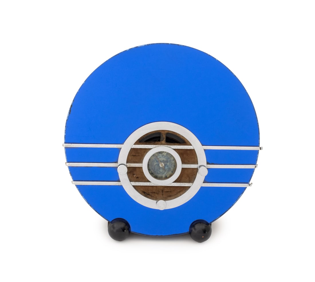 Walter Dorwin Teague "Bluebird" Radio, ca. 1935: Walter Dorwin Teague (American, 1883-1960) "Bluebird" Radio, Model 566, circa 1935, manufactured by Sparton Corporation, blue Tufflex mirrored glass, chrome-plated steel, and marbled Bakelite in an eb
