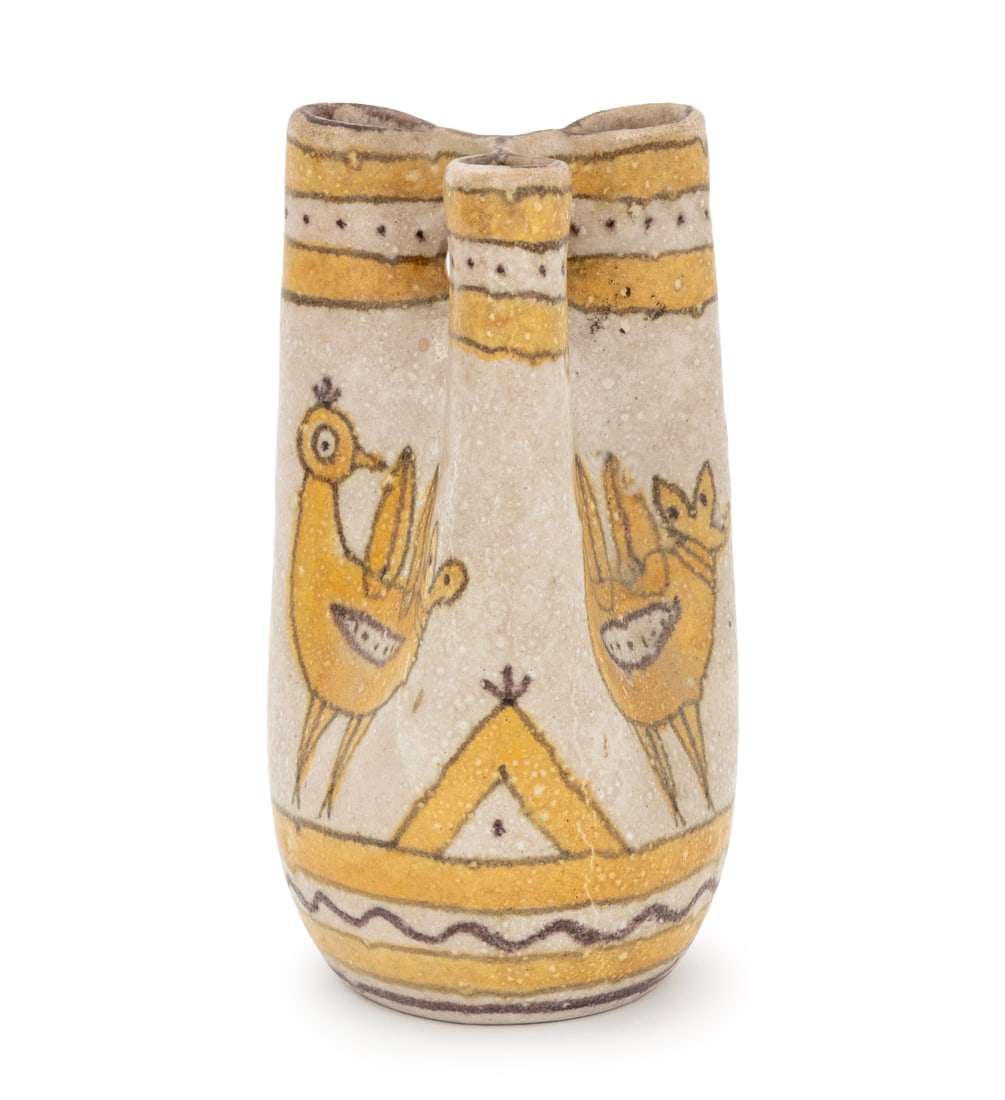 Guido Gambone Art Pottery Vase: Guido Gambone (Italian, 1909-1969) Art Pottery Vase, polychrome glazed ceramic, with three openings, signed and marked "Italy" with donkey mark to underside. 8.5" H x 4.25" Diameter. Provenance: An
