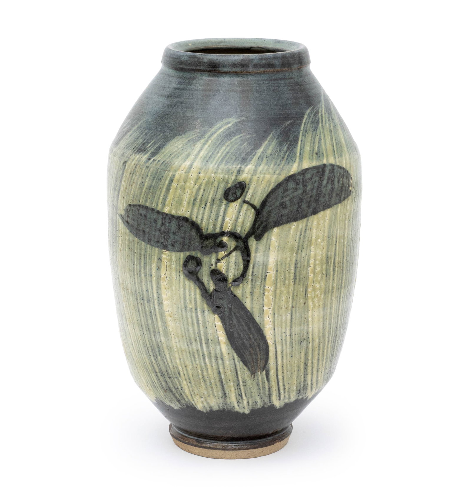 Wayne Ngan Hakeme Slip Decorated Vase: Wayne Ngan (Chinese/Canadian, 1937-2020) Hakeme Slip Decorated Vase, polychrome glazed stoneware, impressed artist's mark to side of foot. 13.25" H x 8.25" Diameter. Provenance: From the Collection