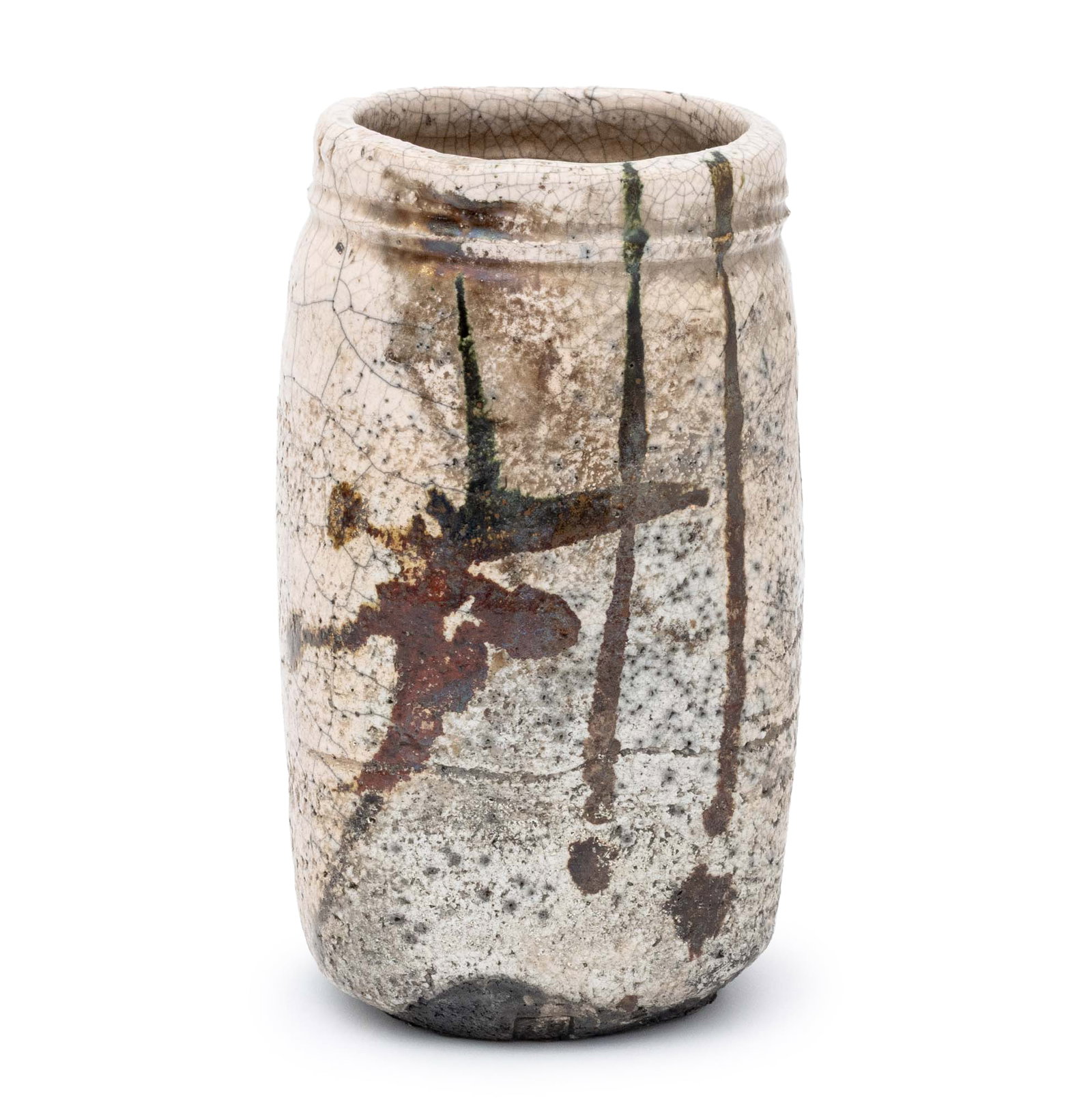 Wayne Ngan Raku Art Pottery Vase: Wayne Ngan (Chinese/Canadian, 1937-2020) Raku Fired Art Pottery Vase, polychrome glazed stoneware, impressed artist's mark to side of foot. 13.25" H x 8.25" Diameter. Provenance: From the Collection o