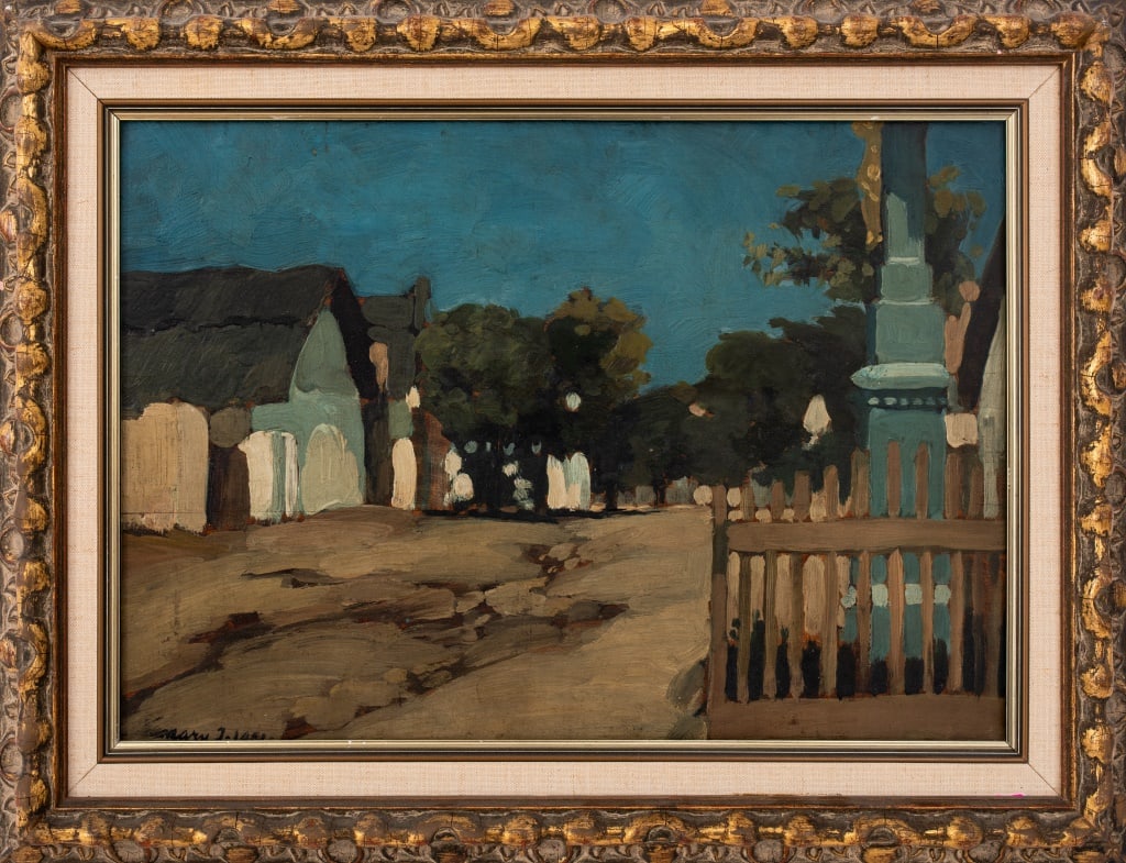 Janos Vaszary View of Town at Dusk Oil on Panel: Janos Vaszary (Hungarian, 1867-1939), View of Town at Dusk, Oil on Panel, signed "Vaszary J." lower left, carved giltwood frame. Image: 11.75" H x 16.75" W; frame: 16.75" H x 21.75" W. Provenance: