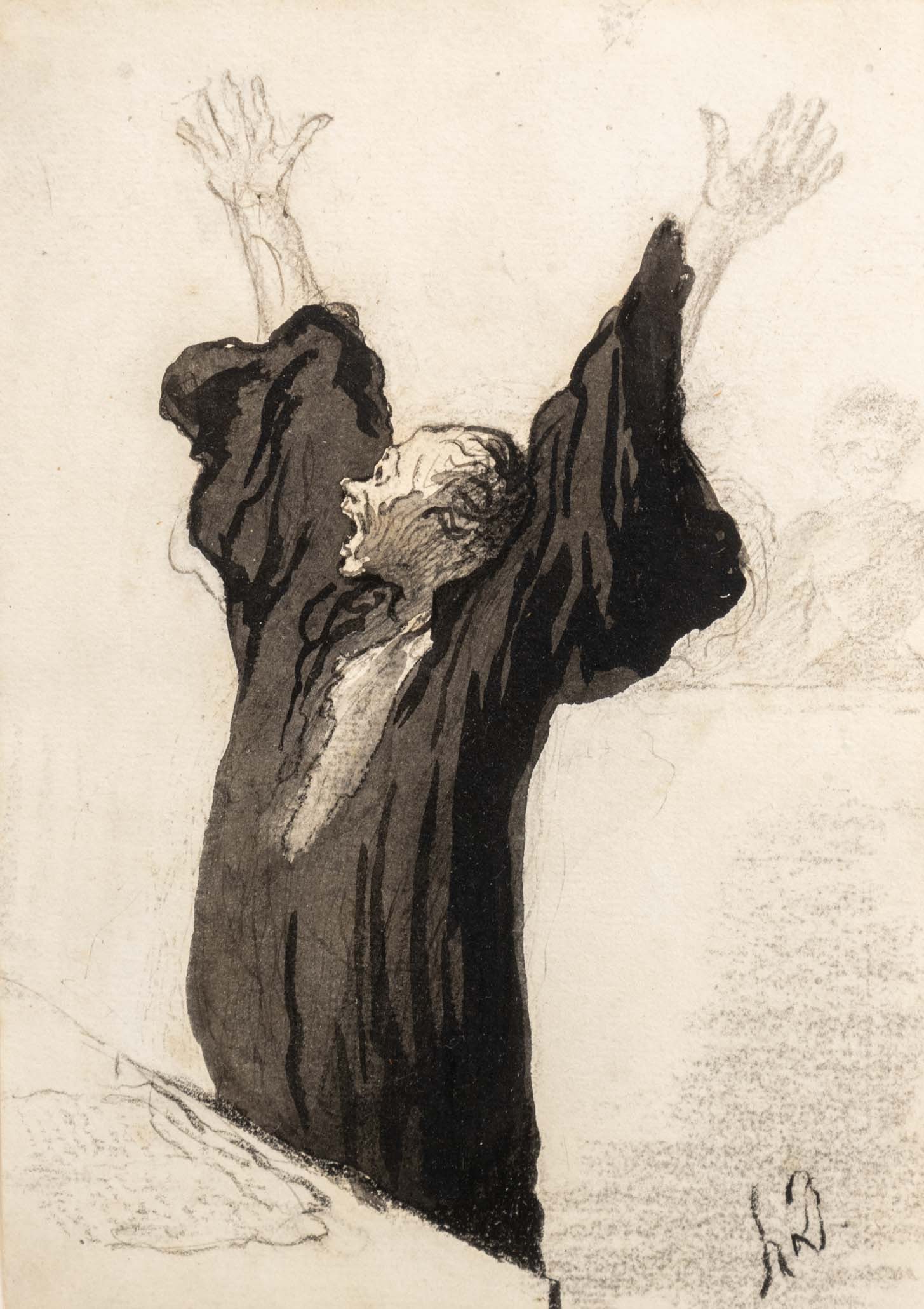 Honore Daumier "L'Avocat Pathetique", ca. 1850: Honore Daumier (French, 1810-1879), "L'Avocat Pathetique" [The Pathetic Lawyer], Charcoal, Pen, Ink, Brush, and Pencil on Paper, circa 1850-55, signed lower right with initials "h.D.", giltwood frame.