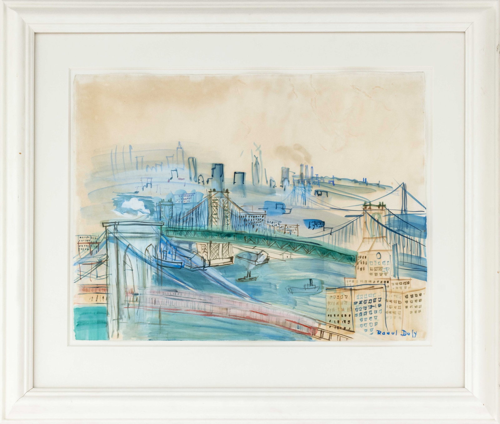 Raoul Dufy "Deux Ponts sur l'East River, New York": Raoul Dufy (French, 1877-1953), "Deux Ponts sur l'East River, New York" [Two Bridges Over the East River, New York], Gouache and Watercolor on Wove Paper, circa 1950, signed lower right, Sotheby's and