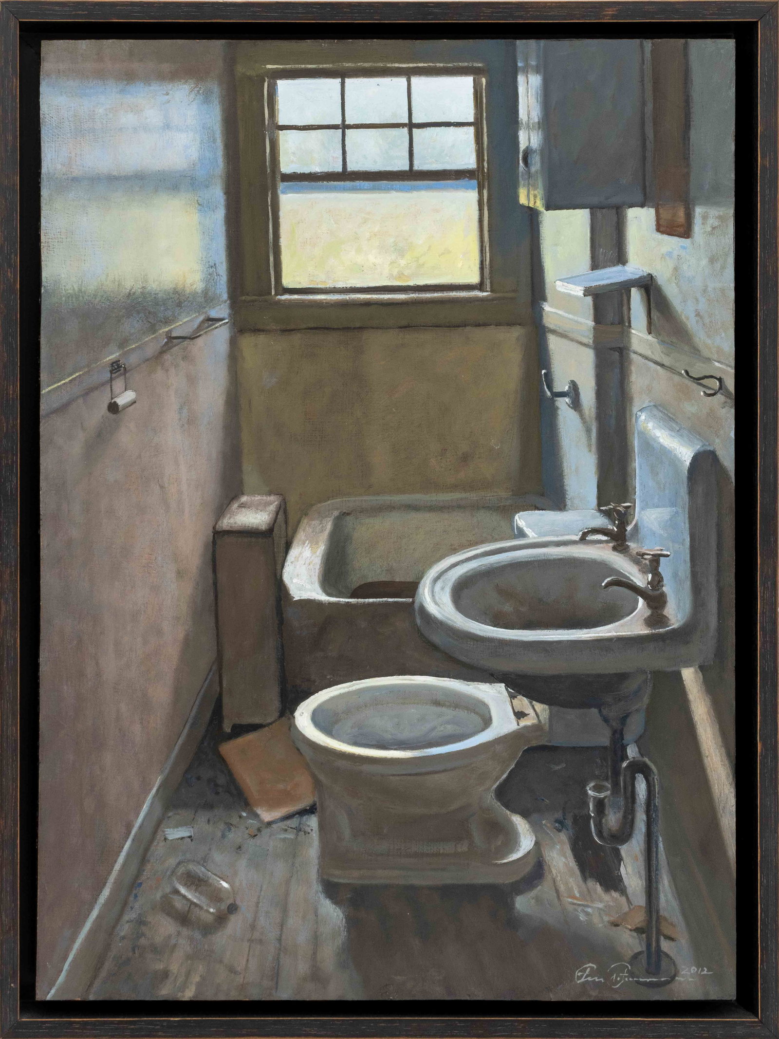 Eric Forstmann Bathroom Interior Scene, 2012: Eric Forstmann ( American, b. 1967), Bathroom Interior Scene, Oil on Board, 2012, signed and dated lower right, ebonized wood frame. Image: 16.75" H x 12" W; frame: 18" H x 13.5" W x 1.5" D. Provenanc