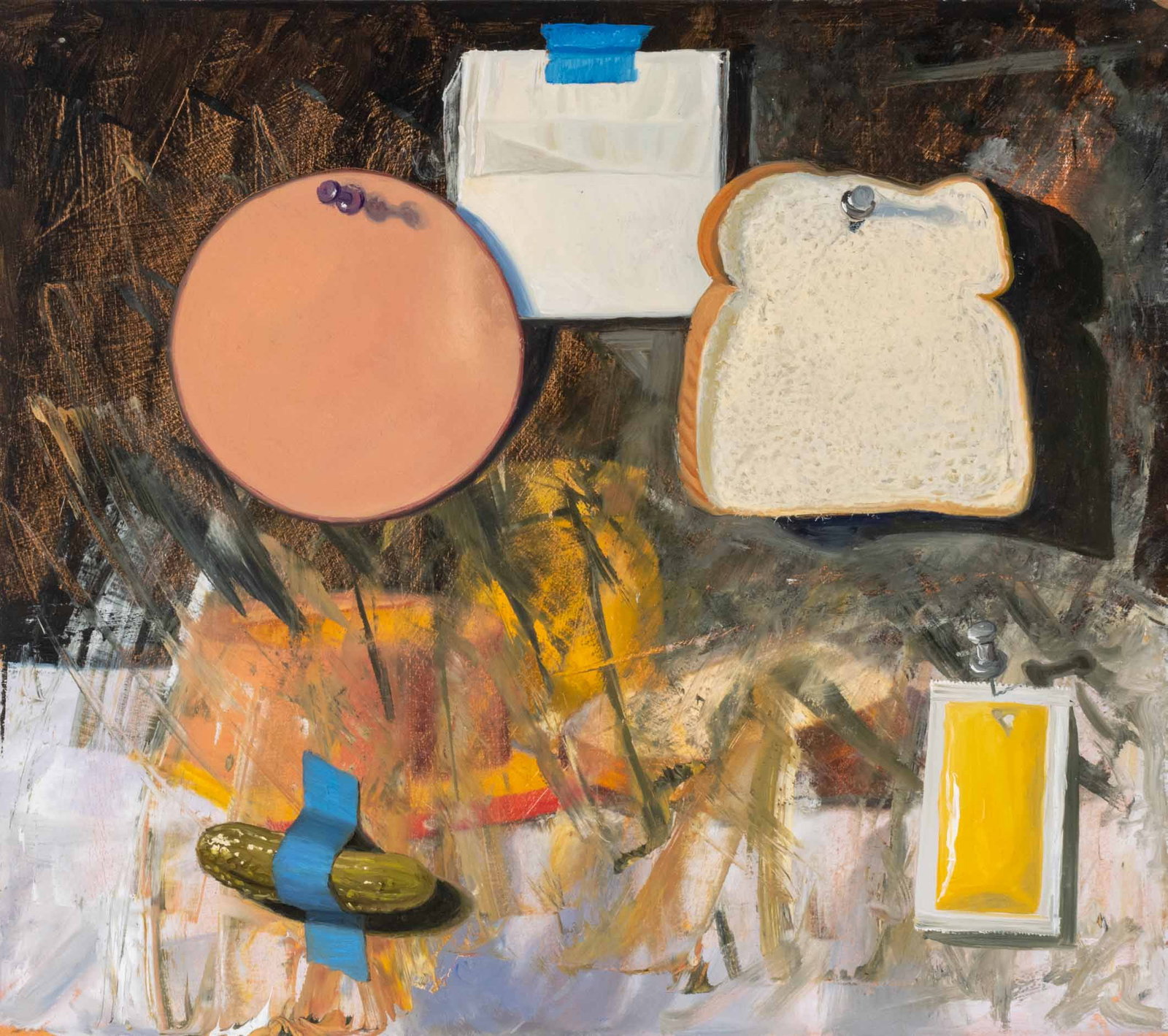 Eric Forstmann Bologna Sandwich Still Life, 2015: Eric Forstmann (American, b. 1962), Deconstructed Bologna Sandwich Still Life Scene, Oil on Board, 2015, signed and dated verso, unframed. 13" H x 14.5" W x 1" D. Provenance: From a Fort Lauderdale,