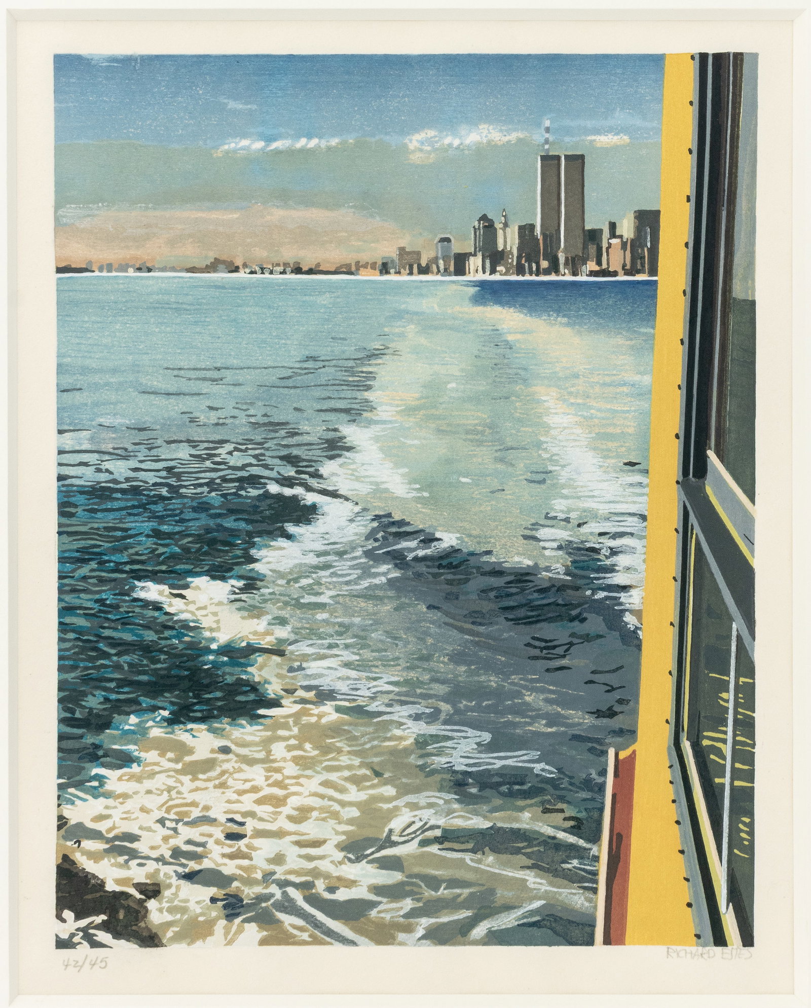 Richard Estes "Study IV - New York Harbor", 1997: Richard Estes (American, b. 1932), "Study IV - New York Harbor", Woodcut Print in Colors on Japan Paper, 1997, signed in pencil lower right, numbered edition "42/45" lower left, Hirschl & Adler Galler