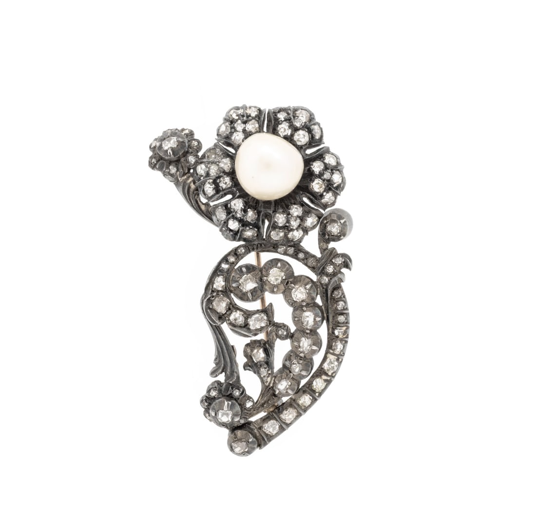 Victorian Sterling Silver, Diamond & Pearl Brooch: Victorian Sterling Silver, Diamond, and Pearl Brooch, featuring one round baroque pearl approx. 10.50 - 10.75 mm., further adorned with 93 pave set round faceted diamonds weighing a total of approx