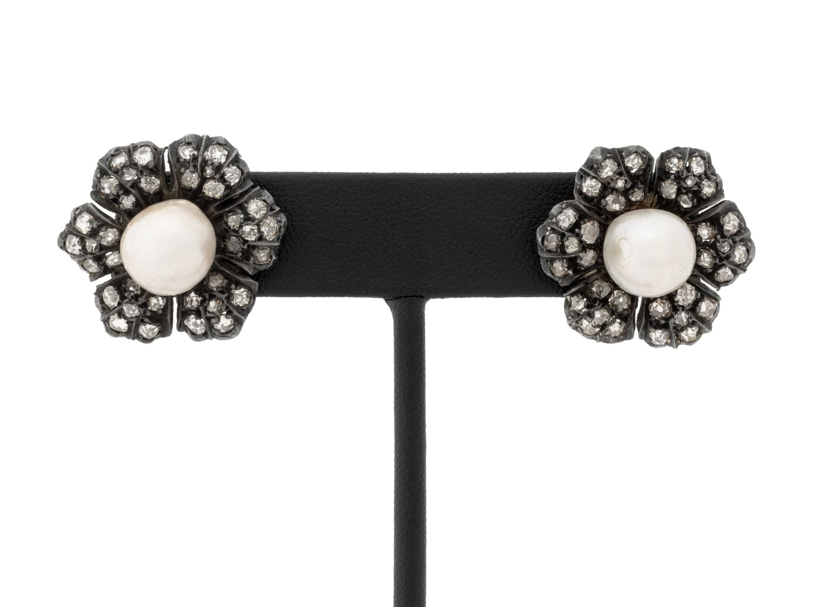 Victorian Silver & Gold Diamond & Pearl Earrings: Pair of Victorian Silver and 14K Yellow Gold Baroque Round Pearls and Pave Set Diamonds Earrings, one pair of flower motif earrings with Old Mine diamonds, adorned with approx. 60 diamonds weighing