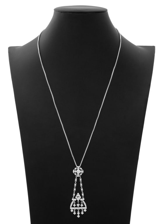 Italian White Gold & Diamond Drop Pendant Necklace: Italian 18K White Gold and Diamond Drop Pendant Necklace, featuring ten princess cut and sixty round brilliant cut diamonds, bezel and bead set, weighing a total of approx. 0.85 carat, detachable