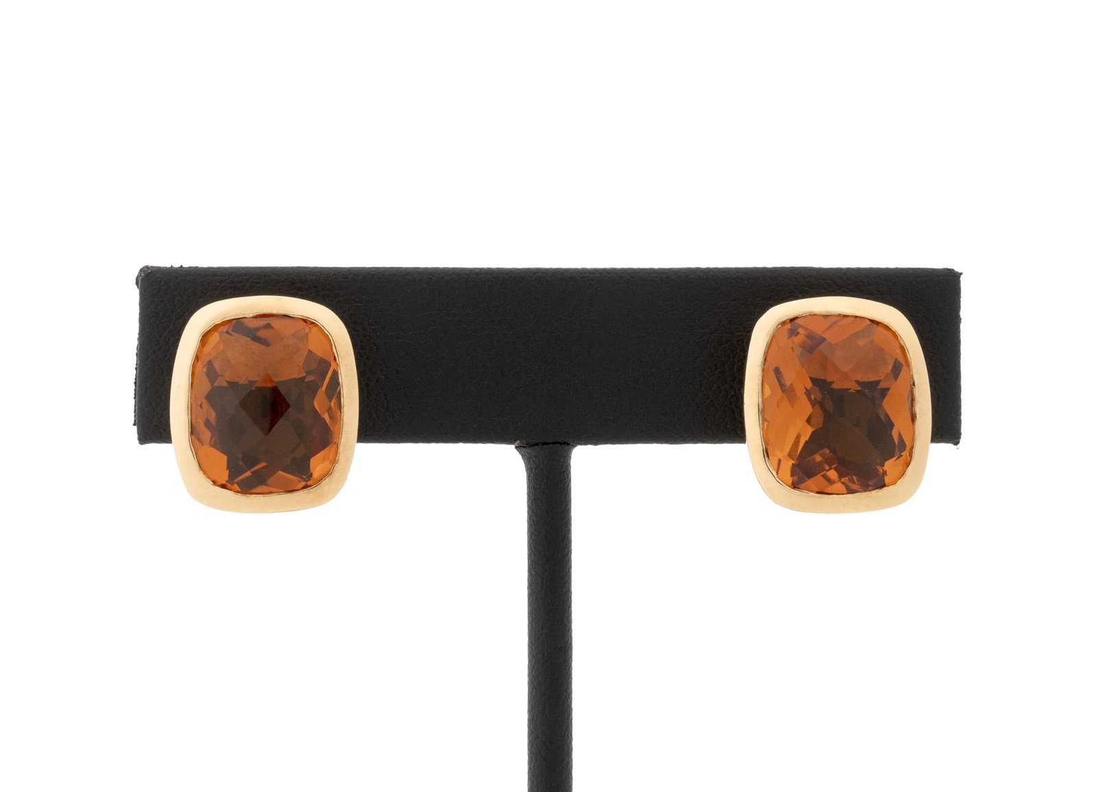 Modern Rose Gold and Citrine Clip Earrings: Pair of Modern 14K Rose Gold and Citrine Clip-On Earrings, featuring two prong set cushion brilliant cut citrines, weighing a total of approx. 16.00 carats, worn as clip-ons with omega backs, marked: