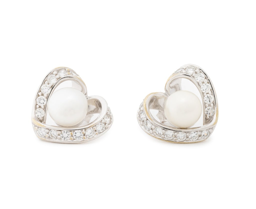 Heart Form Pearl and Diamond White Gold Earrings: Pair of Heart Form 14K White Gold, Cultured Pearl, and Diamond Earrings, featuring two round cultured pearls approx. 6.5 - 7.0 mm., further adorned with twenty eight bead set round brilliant cut diamo