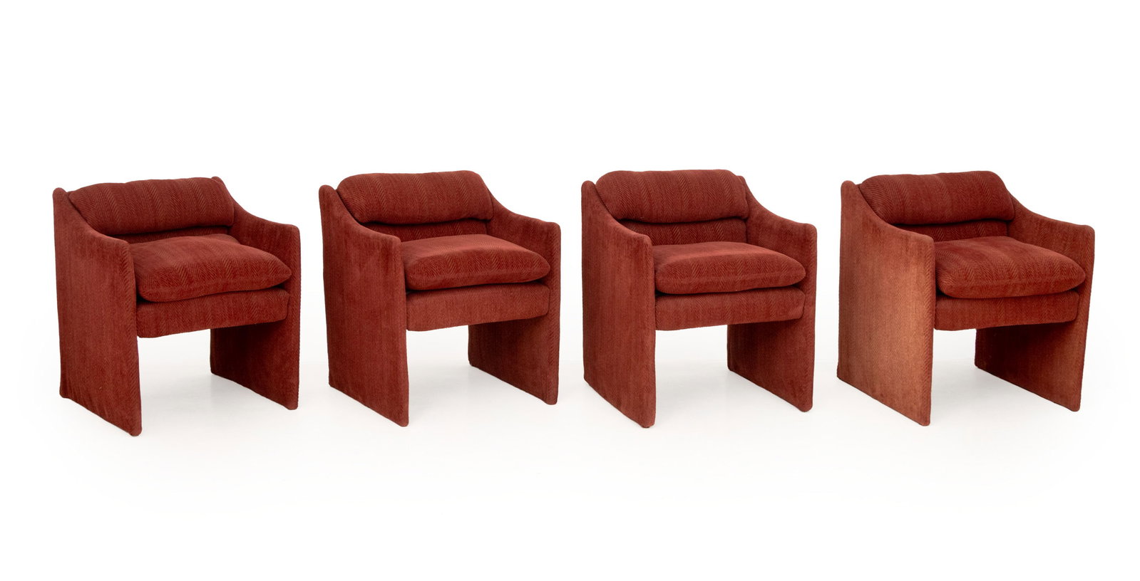 Modern Red Velvet Upholstered Lounge Chairs, 4: Set of Four Modernist Red Velvet Upholstered Lounge Chairs, one with "Made exclusively for Charles Craig" label. 28.5" H x 23" W x 25" D; seat: 16" H. Provenance: From a Madison Avenue Collection. Key