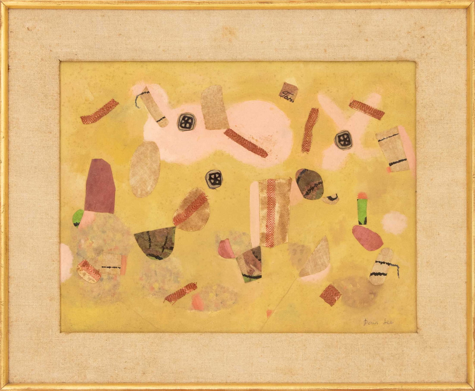 Doris Lee "Beach" Oil and Collage, ca. 1950: Doris Emrick Lee (American, 1905-1983), "Yellow", Oil on Canvas Board with Collage Elements, circa 1950, abstract composition, signed upper right, signed and titled with partial World House Galleries 