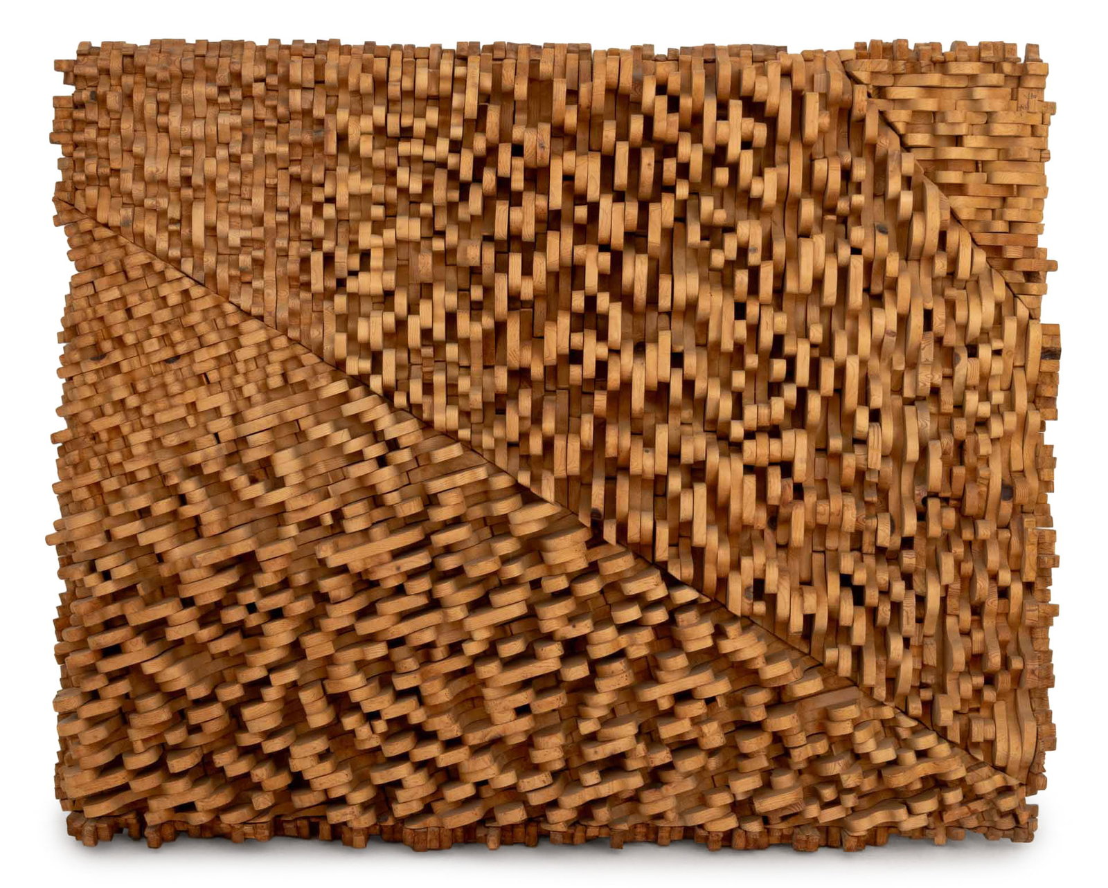 Signed Abstract Carved Wood Sculpture, 1980: Modern Abstract Carved Wood Wall Sculpture, 1980, illegibly signed "Bruce Lani?" and dated lower right. Overall: 63" H x 51" W x 6" D. Provenance: From a Tribeca, New York Collection. Keywords: Relief