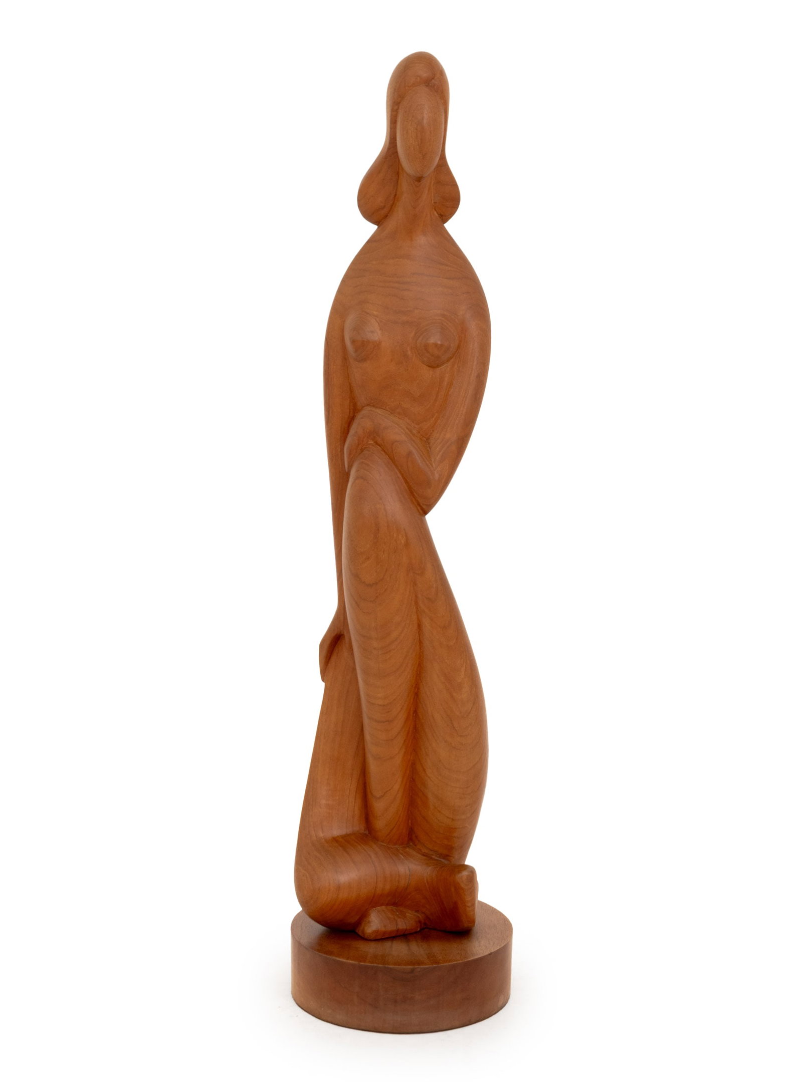 Joseph Goethe Seated Woman Tulipwood Sculpture: Joseph Goethe (American, 1912-1993) Seated Woman Carved Tulipwood Sculpture, wood burned "Goethe" mark to circular base. 39" H x 9.5" Diameter. Provenance: Estate of the Artist. Private Collection, Ar
