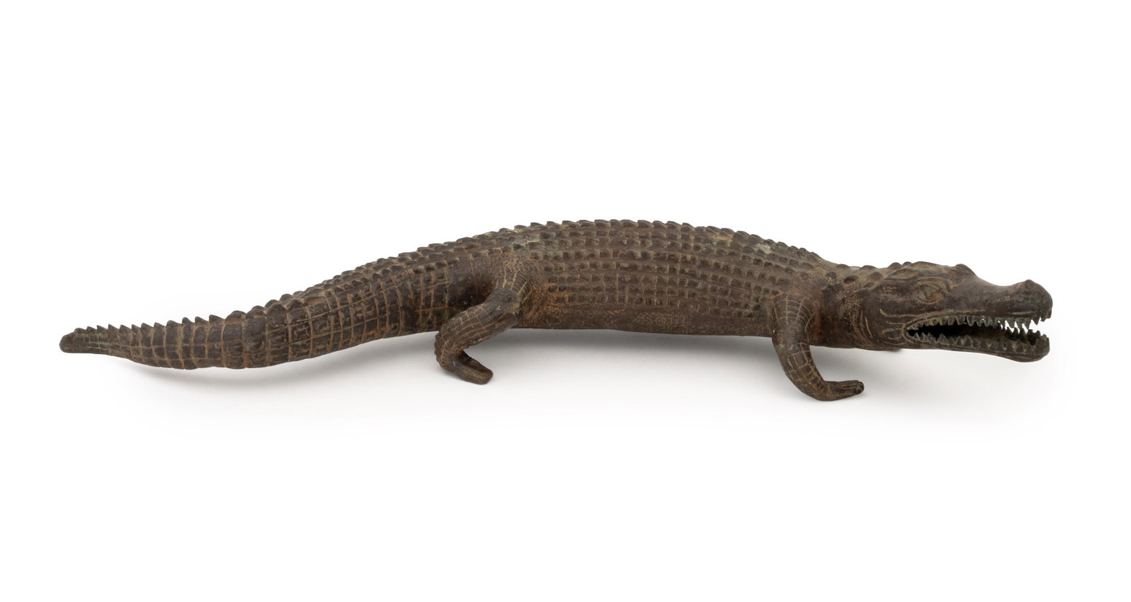 Roaring Crocodile Patinated Bronze Sculpture: Roaring Crocodile Patinated Bronze Sculpture. 5" H x 23" W x 18" D. Provenance: From an East 57th Street Estate. Keywords: Statue, Figure, Model, Reptile, Alligator, Animalier, Decorative Arts