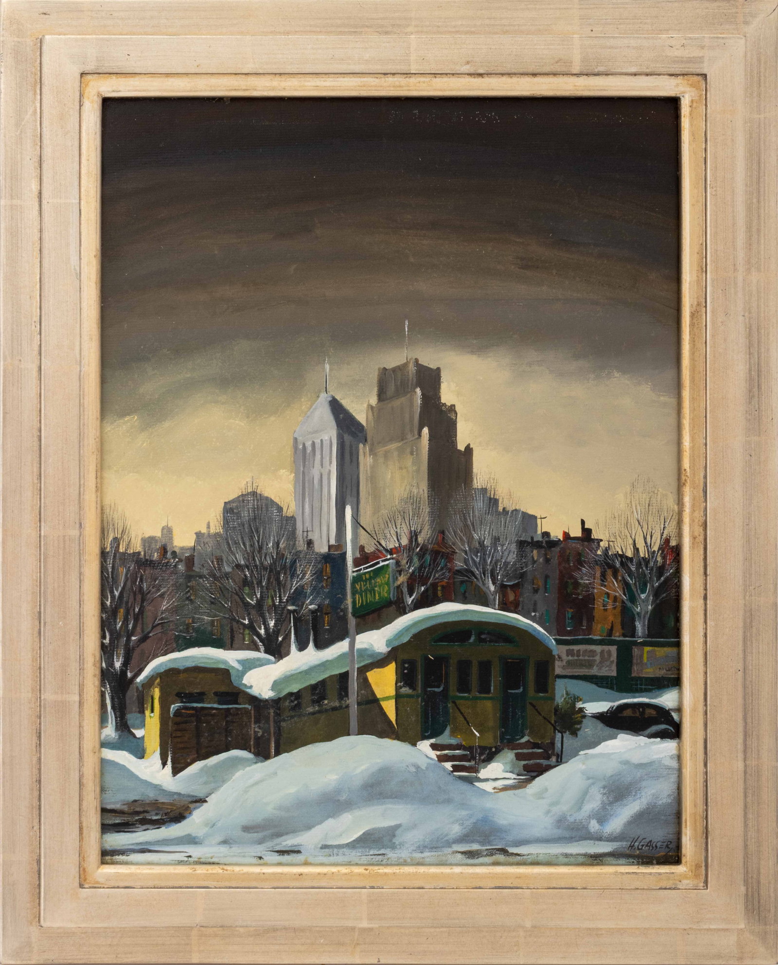 Henry Martin Gasser "The Yellow Diner" Oil: Henry Martin Gasser (American, 1909-1981), "The Yellow Diner", Oil on Board, signed lower right, Christie's label verso, silvered wood frame. Image: 15" H x 11.5" W; frame: 19" H x 15.5" W x 1.25" D. 