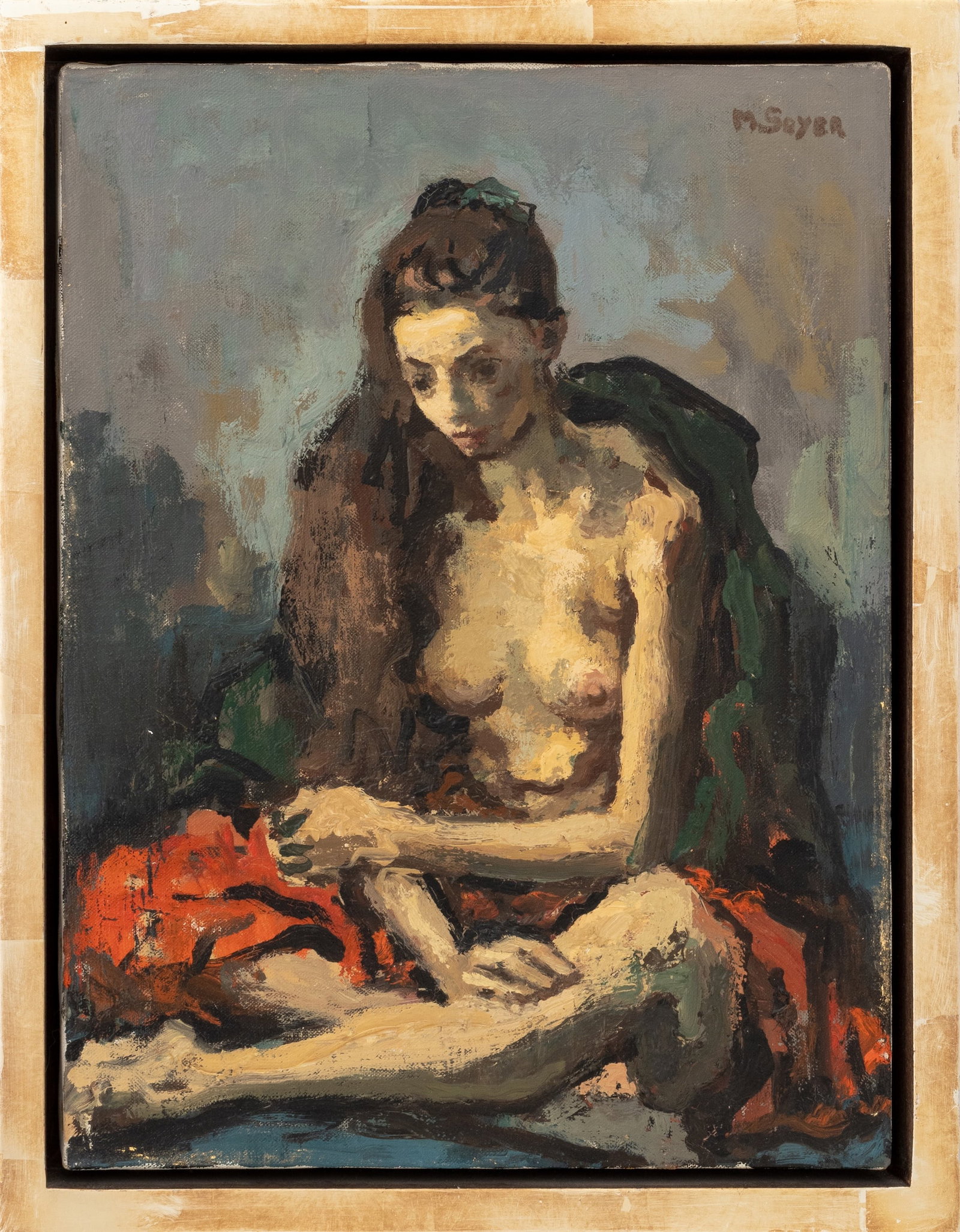 Moses Soyer "The Dancer" Oil on Canvas: Moses Soyer (IAmerican, 1899-1974), "The Dancer", Oil on Canvas, signed "M. Soyer" upper right, exhibition label verso, wood frame. Image: 16.25" H x 12.25" W; frame: 18.25" H x 14" W x 2.25" D. Prove