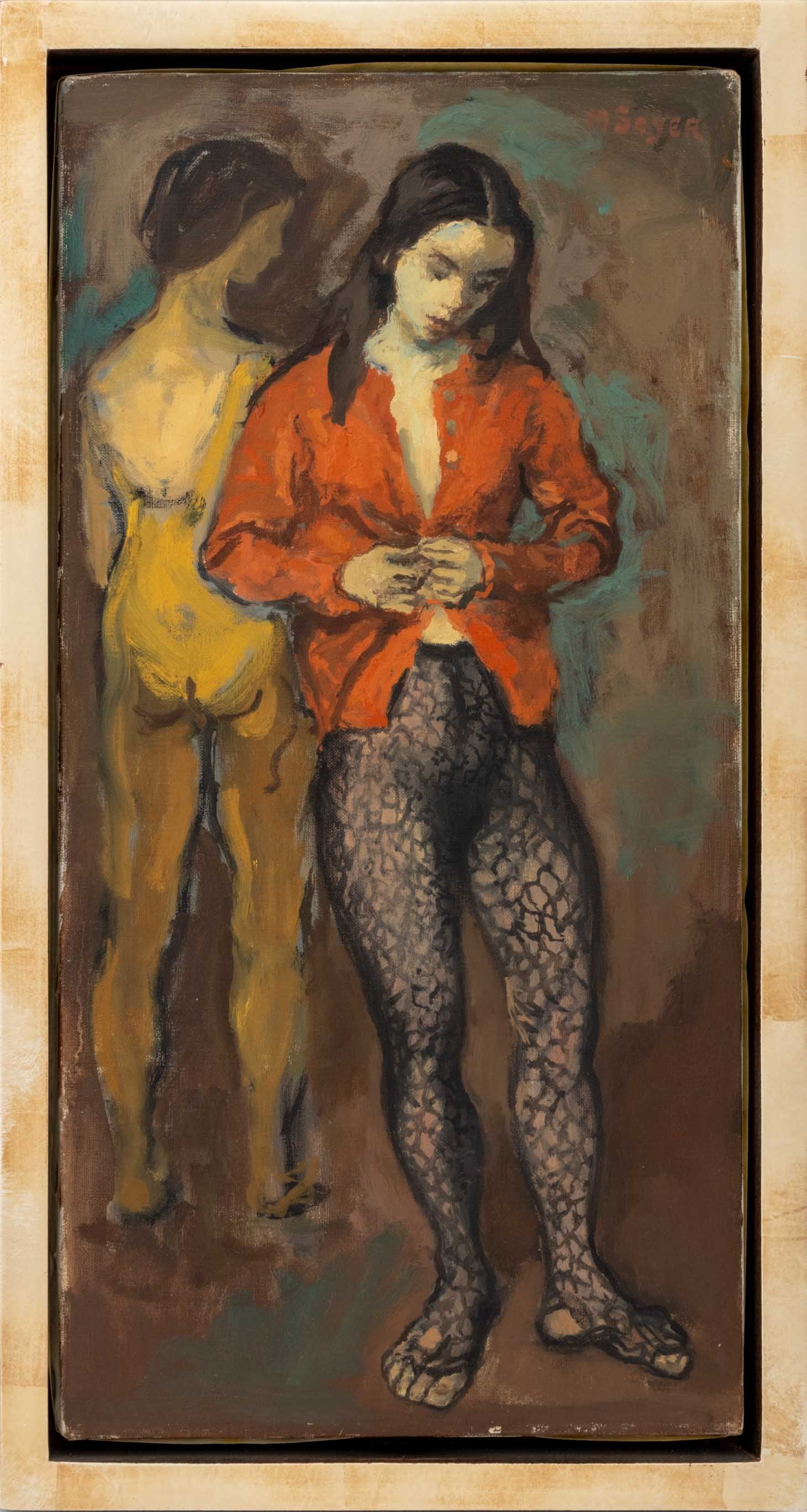 Moses Soyer "Two Dancers" Oil on Canvas: Moses Soyer (American, 1899-1974), "Two Dancers", Oil on Canvas, signed "M. Soyer" upper right, wood frame. Image: 20" H x 10" W; frame: 22.25" H x 12" W x 2.25" D. Provenance: ACA Galleries, New York