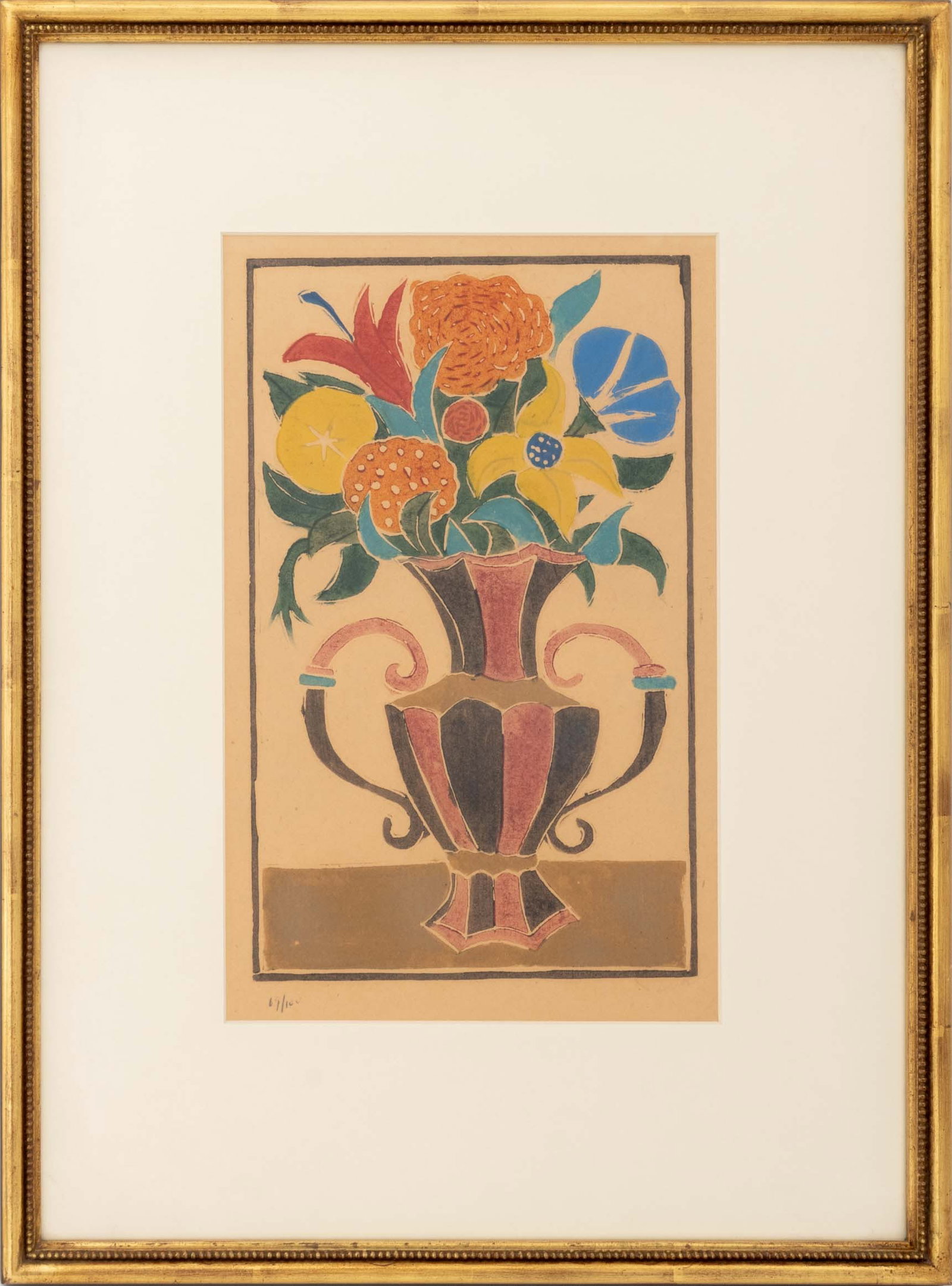 Andre Derain "Bouquet de Fleurs dans un Vase": Andre Derain (French, 1880-1954), "Bouquet de Fleurs dans un Vase" [Bouquet of Flowers in a Vase], Woodcut Print in Colors, circa 1945, faint signature lower right, numbered edition "69/100" lower lef