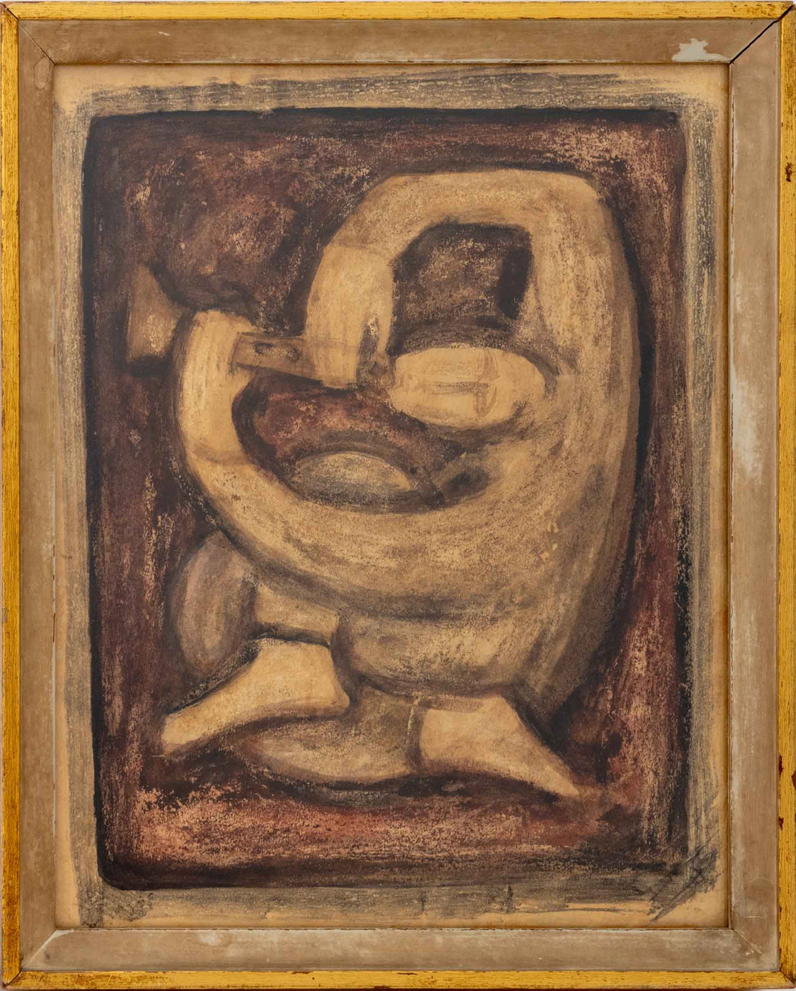 Jacques Villon Attr. Abstract Figure Mixed Media: Jacques Villon (Gaston Duchamp, French, 1875-1963) Attributed, Abstract Figure Playing an Instrument, Mixed Media on Paper, possibly signed "Villon" verso, giltwood frame. Image: 11" H x 9" W; sheet: 