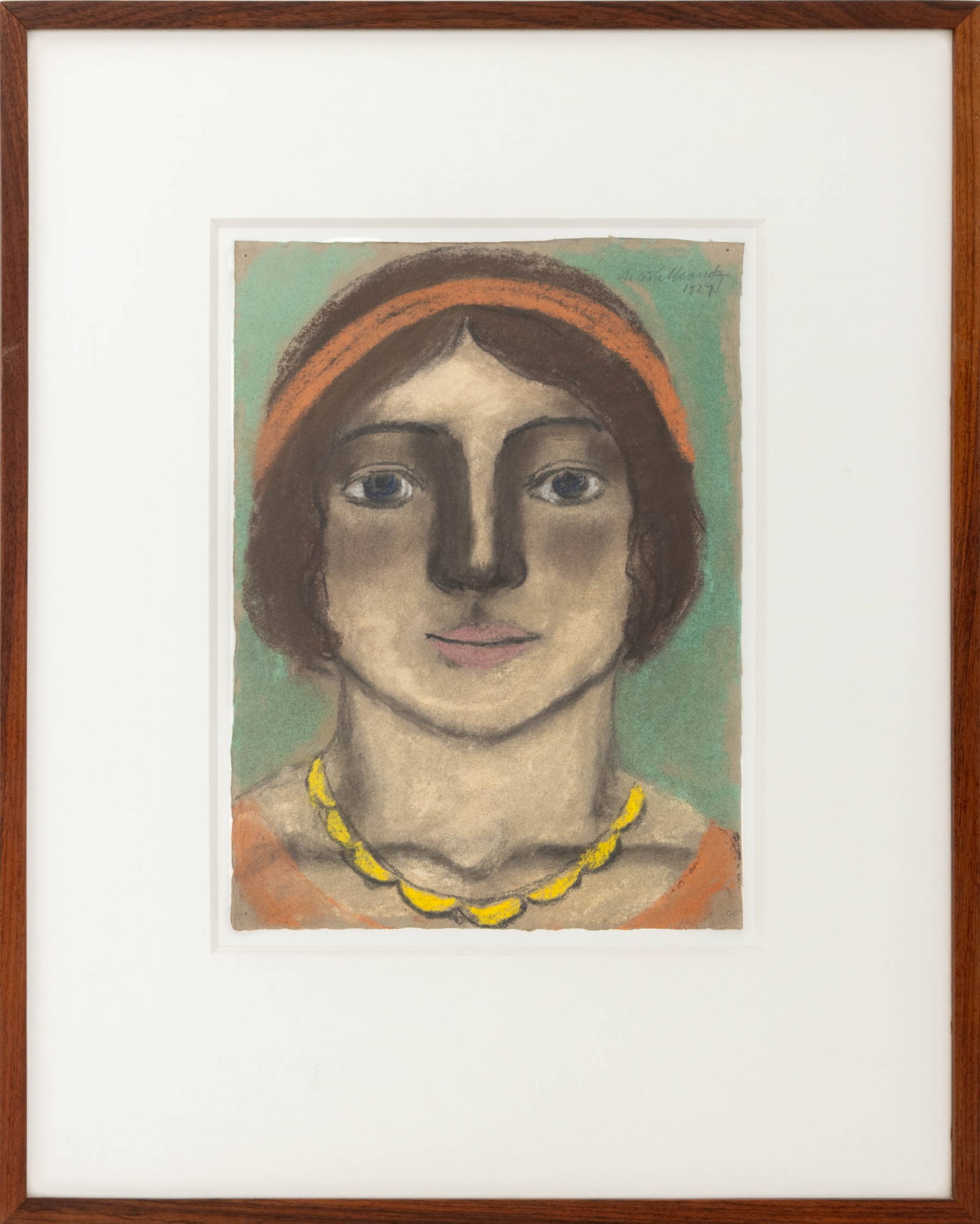Abraham Walkowitz "Head of a Woman", 1927: Abraham Walkowitz (American, 1878-1965), "Head of a Woman", Pastel on Gray Toned Paper, 1927, signed and dated upper right, Sotheby's and Shearson Lehman Brothers labels to reverse, wood frame. Image: