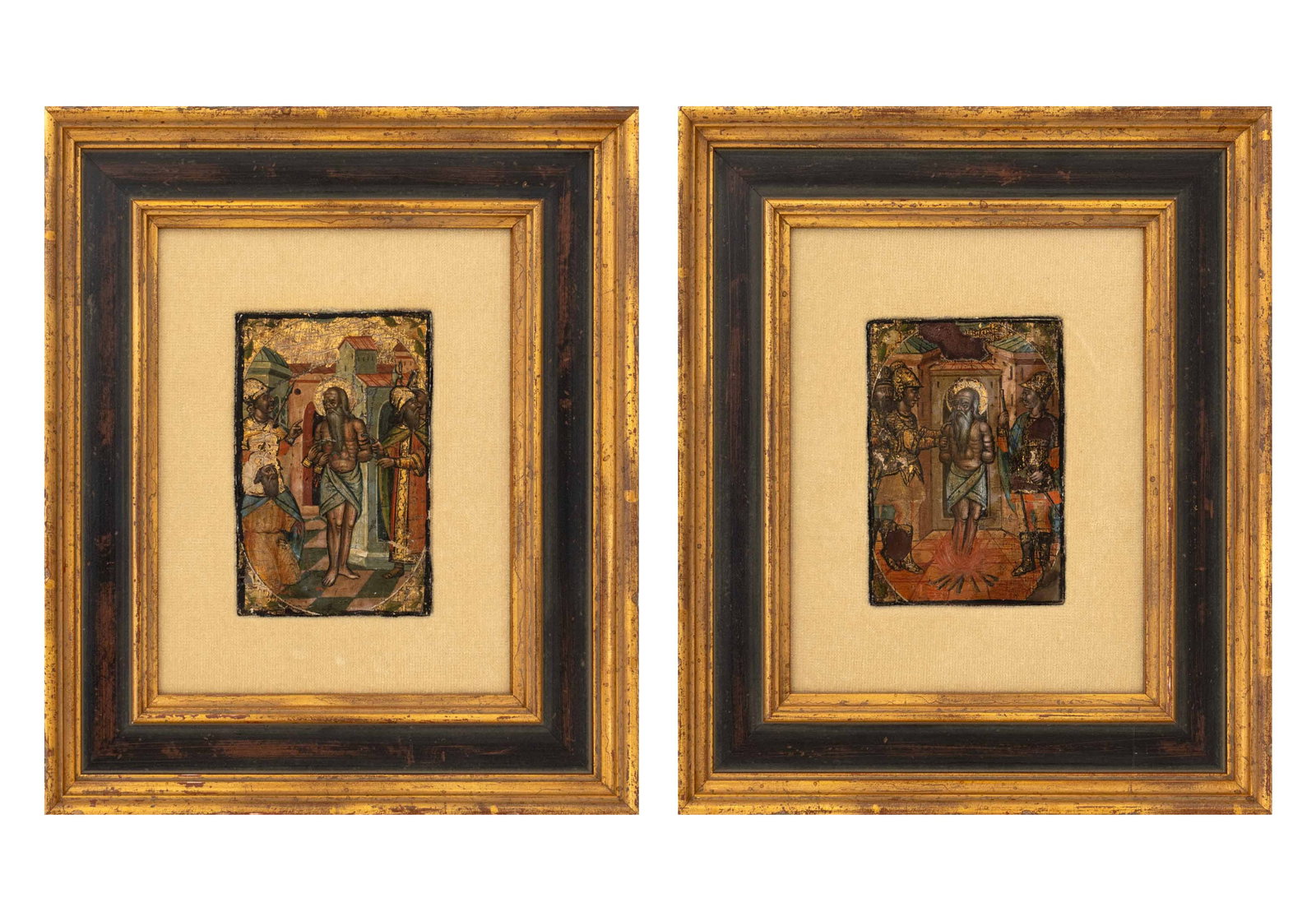 Greek Orthodox Icons Tempera on Panel, 2: Two Greek Orthodox Icons, Tempera on Panel, depicting the martyrdom of two saints, one possibly St. Haralambos, giltwood frames. Image: 5.375" H x 3.5" W; frame: 12.5" H x 10" W x 1" D. Provenance: Fr